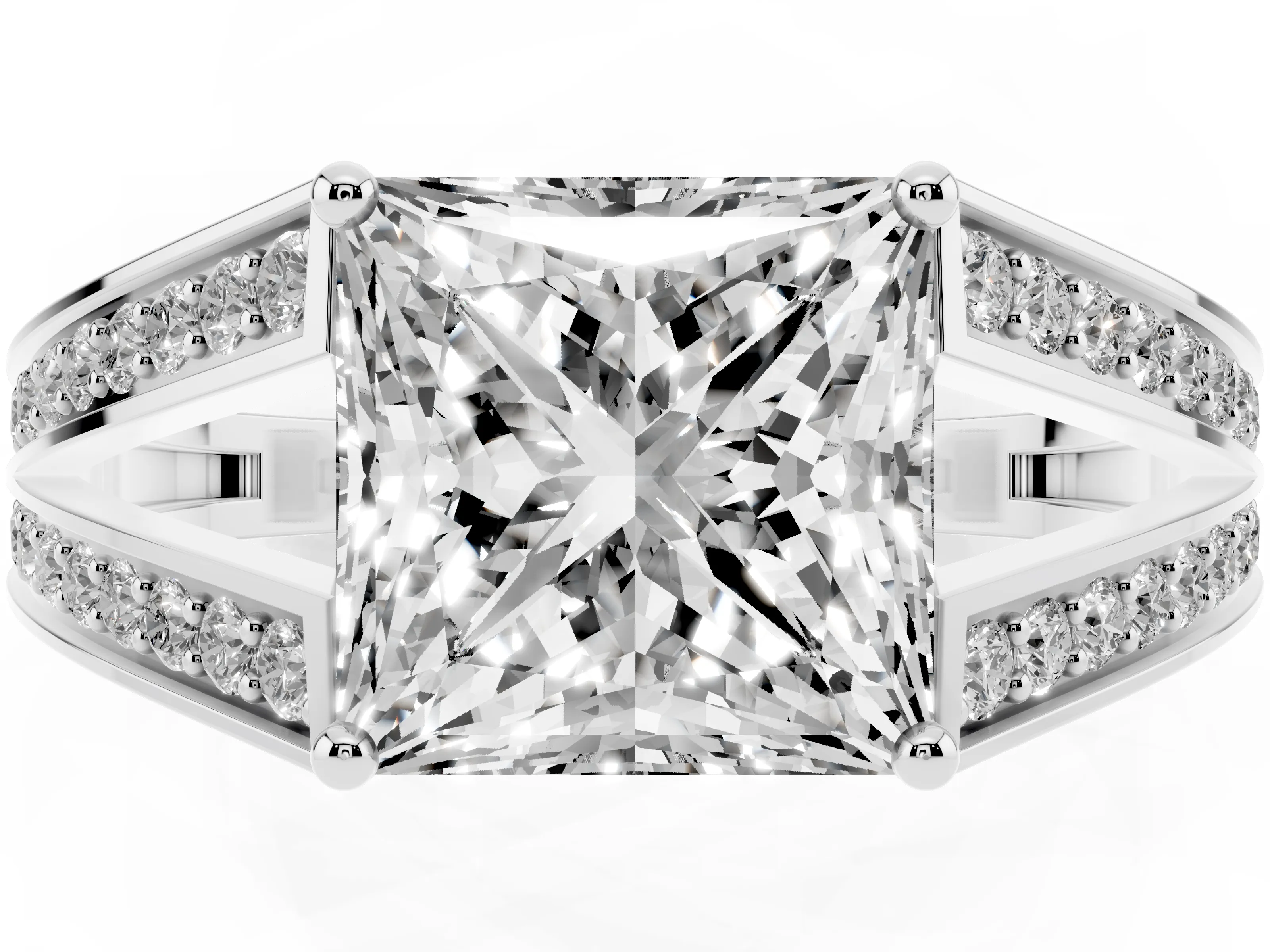 Princess Cut Diamond Split Shank Ring Set in Platinum with Pavé Band and Prong Setting