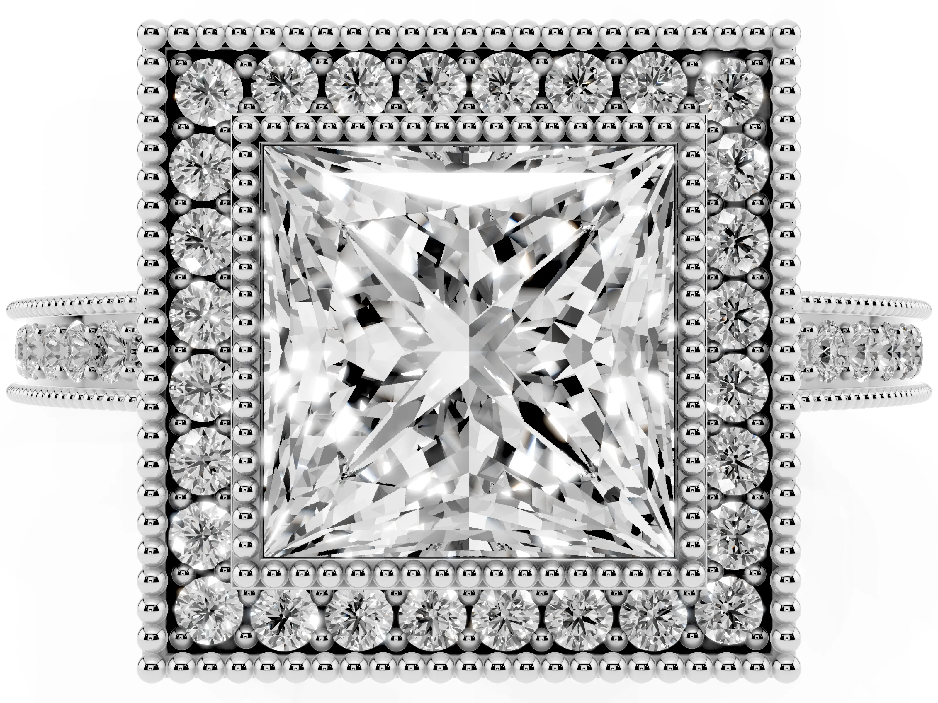 Princess Cut Diamond Halo Ring Set in Platinum with Pavé Band and Milgrain-Edged Prongs