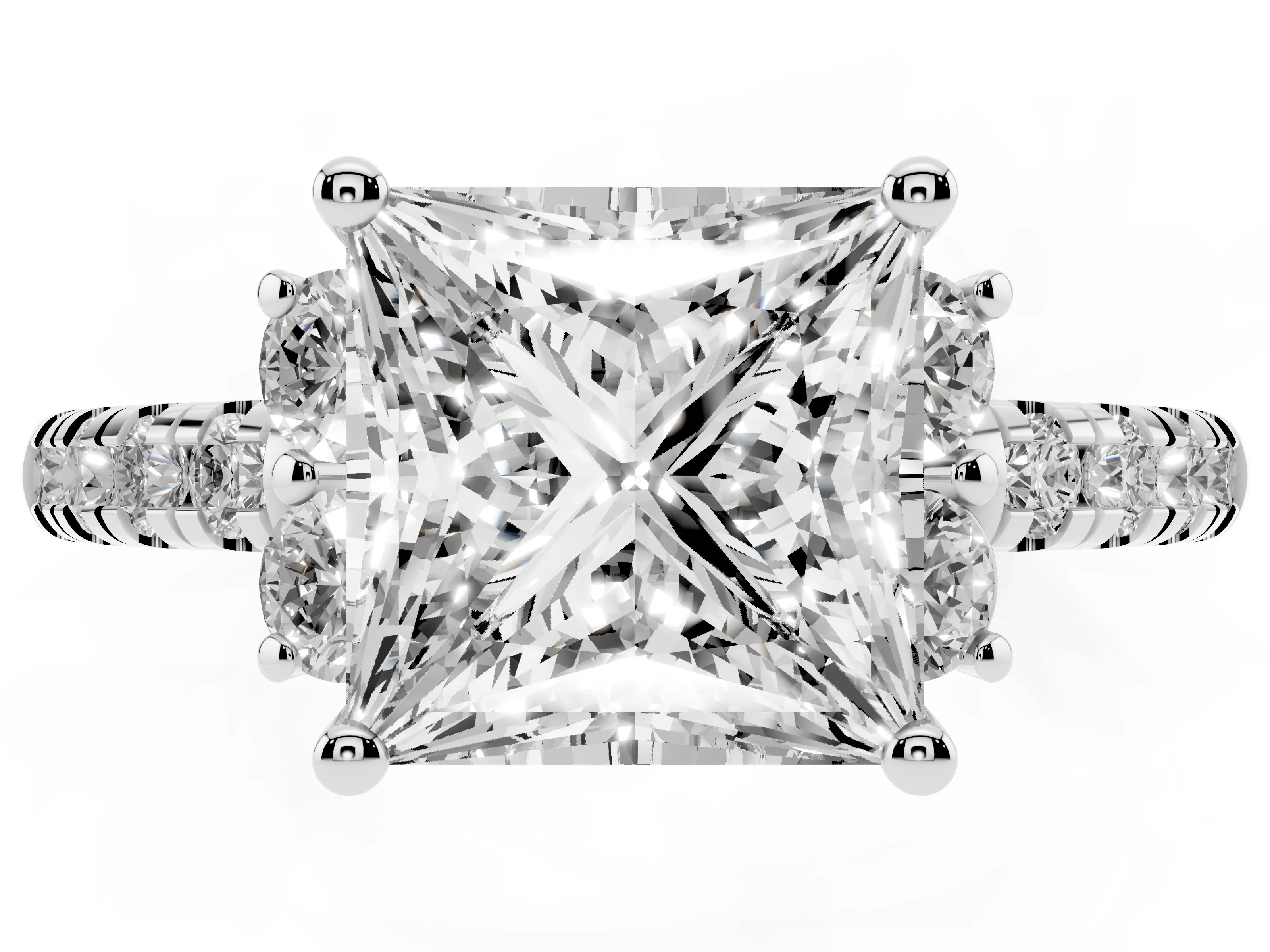 Princess Cut Diamond Three-Stone Pavé Ring Set in Silver with Prong Setting