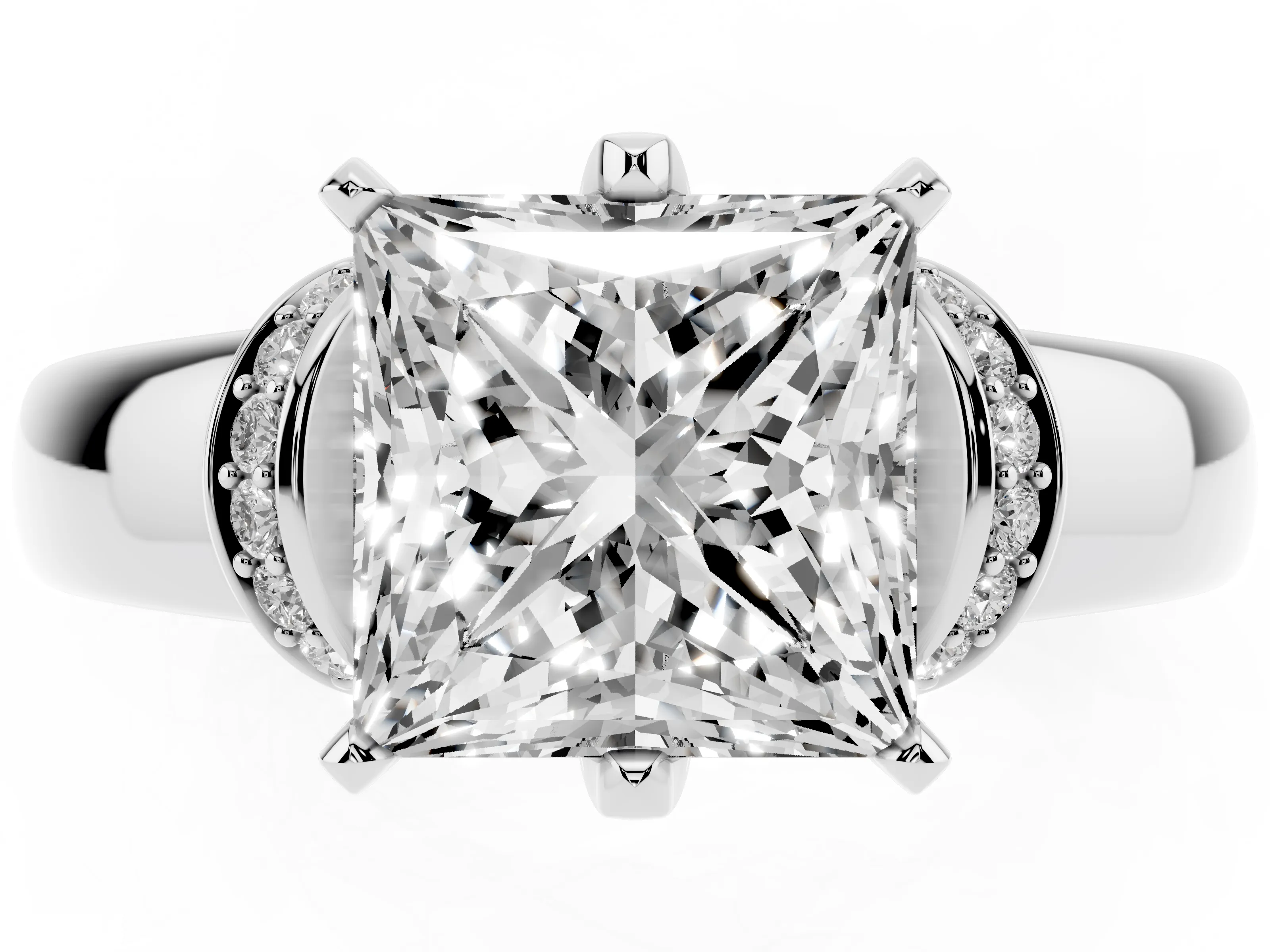Princess Cut Diamond Pavé Band Solitaire Ring Set in Platinum with Prong Setting