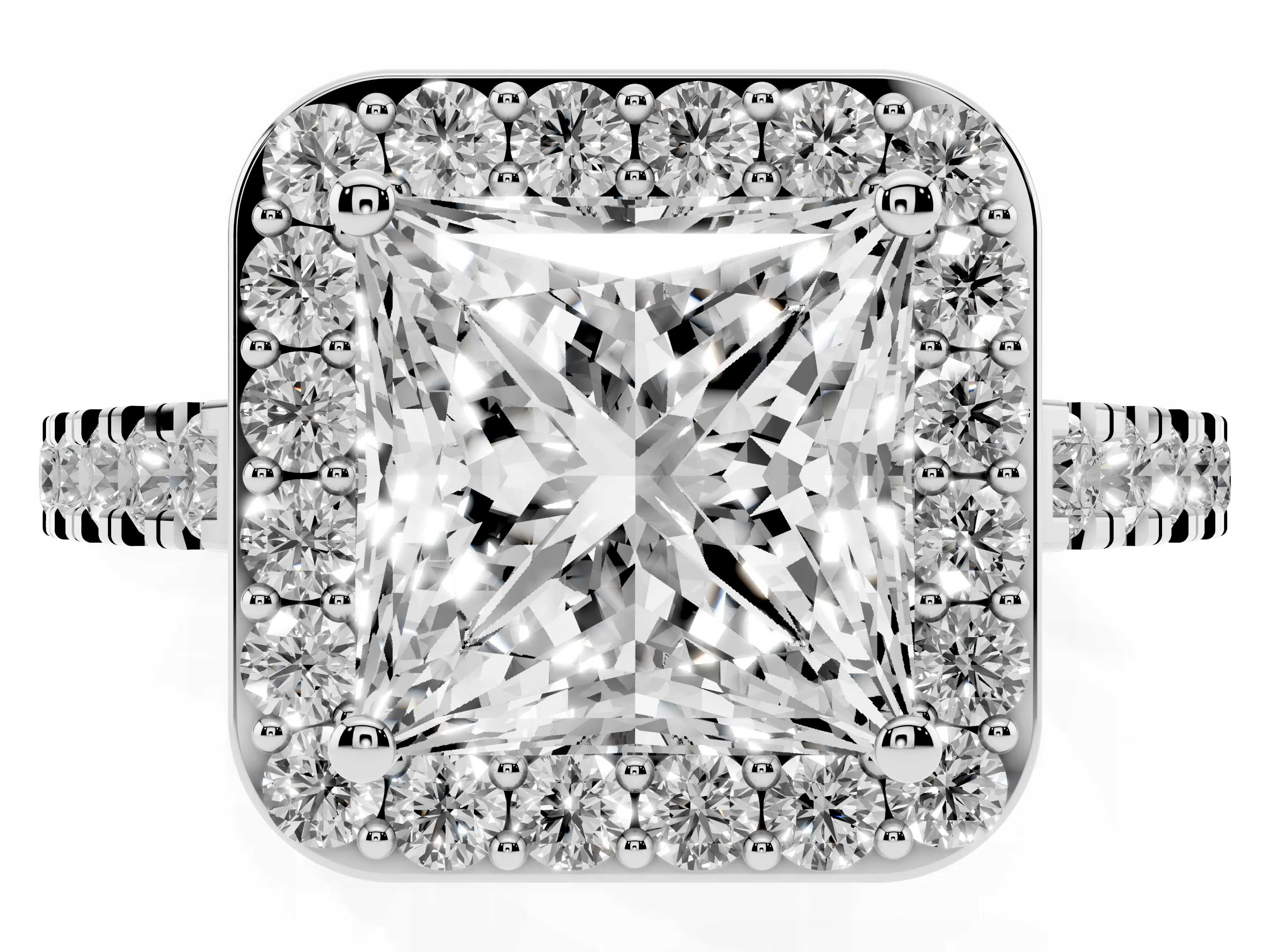 Princess Cut Diamond Halo Ring Set in Silver with Round Pavé Split Shank and Prong Setting