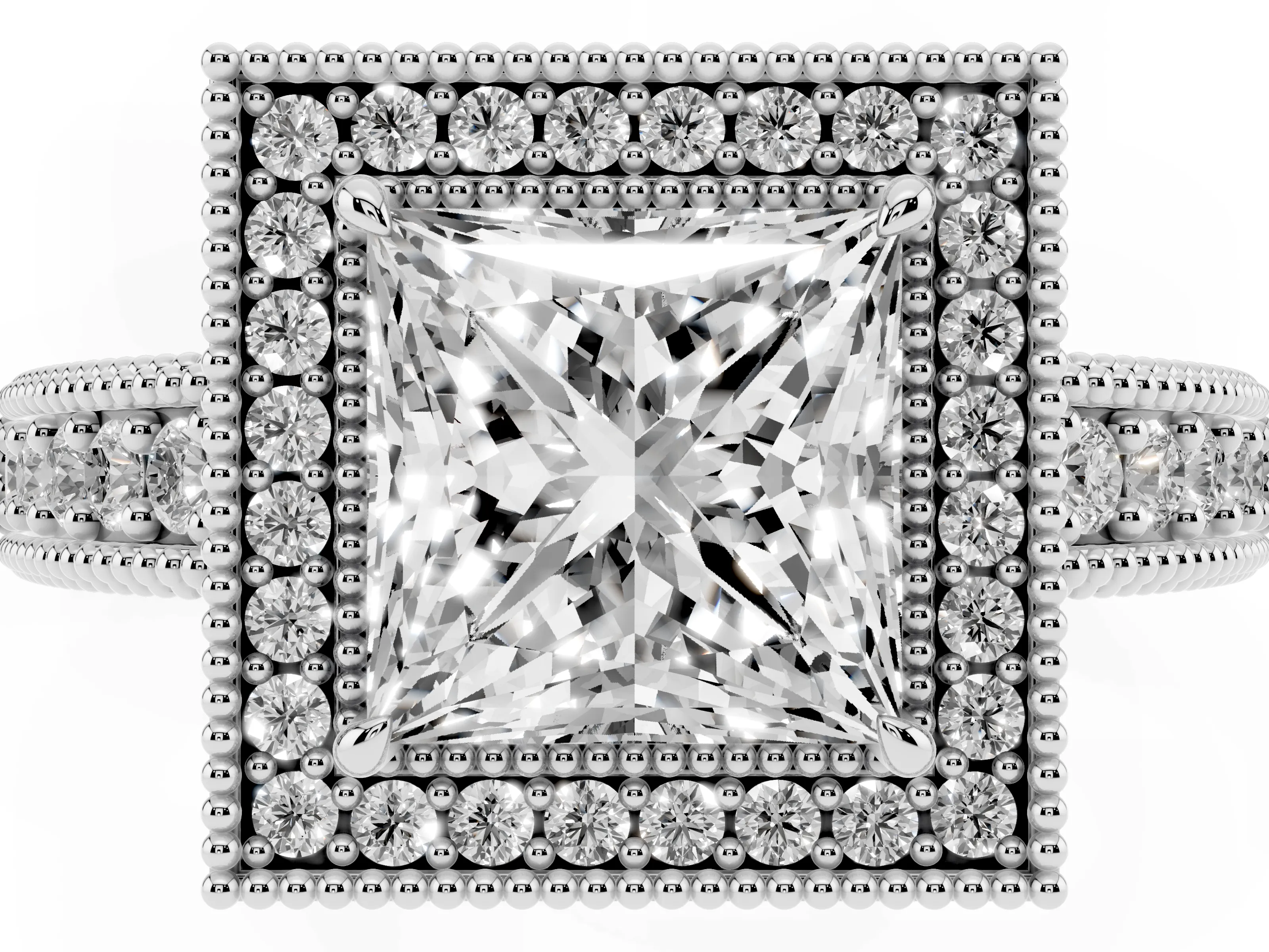 Princess Cut Diamond Halo Ring Set in White gold with Round Accent Halo, Pavé Band and Prong Setting