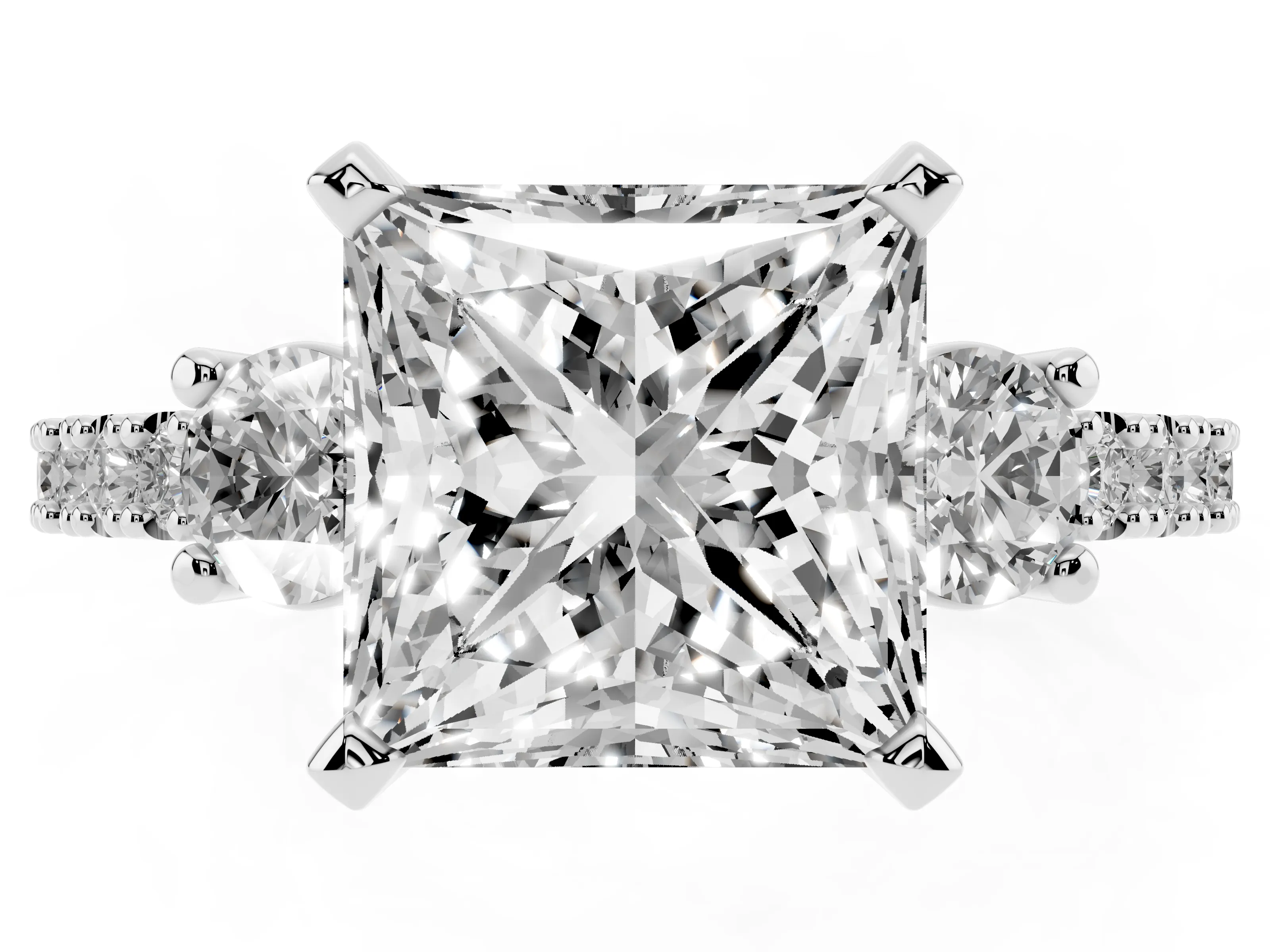 Three-Stone Princess Cut Diamond Pavé Band Ring Set in Silver with Prong Setting