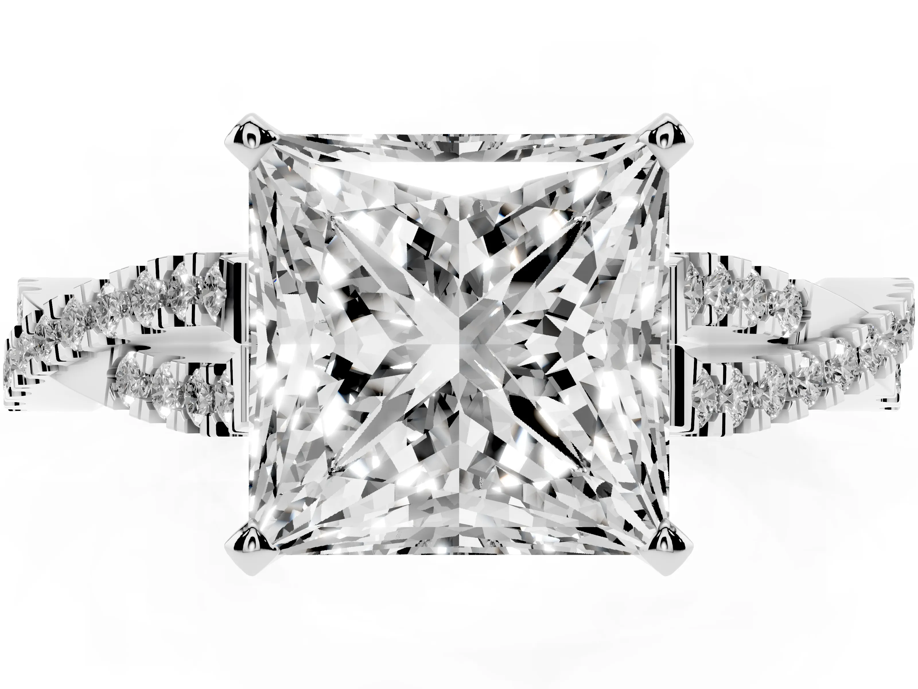 Princess Cut Diamond Solitaire Engagement Ring Set in White gold with Twisted Pavé Band and Prong Setting