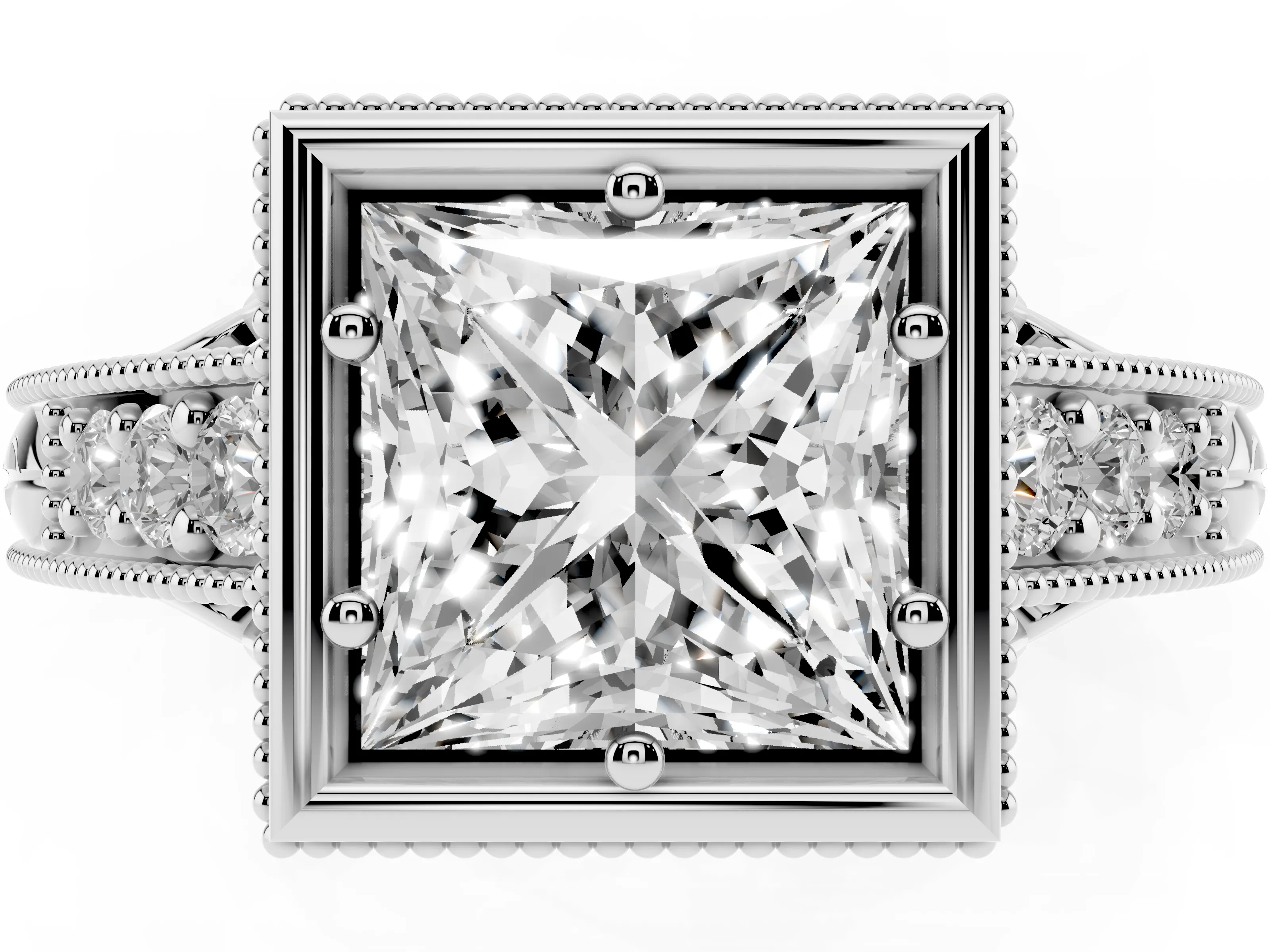 Bezel Set Princess Cut Diamond Milgrain Pavé Engagement Ring Set in Platinum