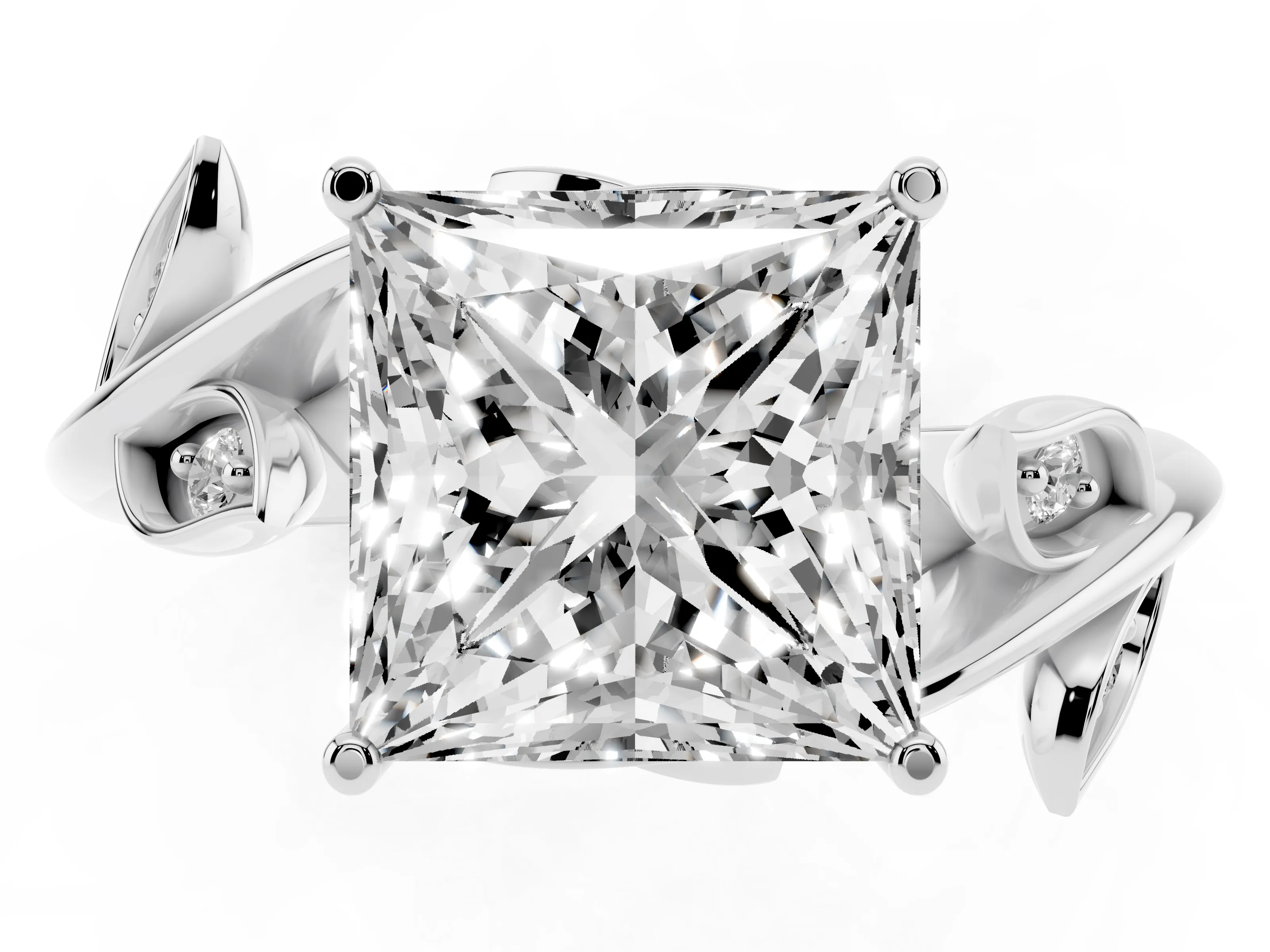 Princess Cut Diamond Solitaire Twist Engagement Ring Set in Silver with Pavé Leaf Accents