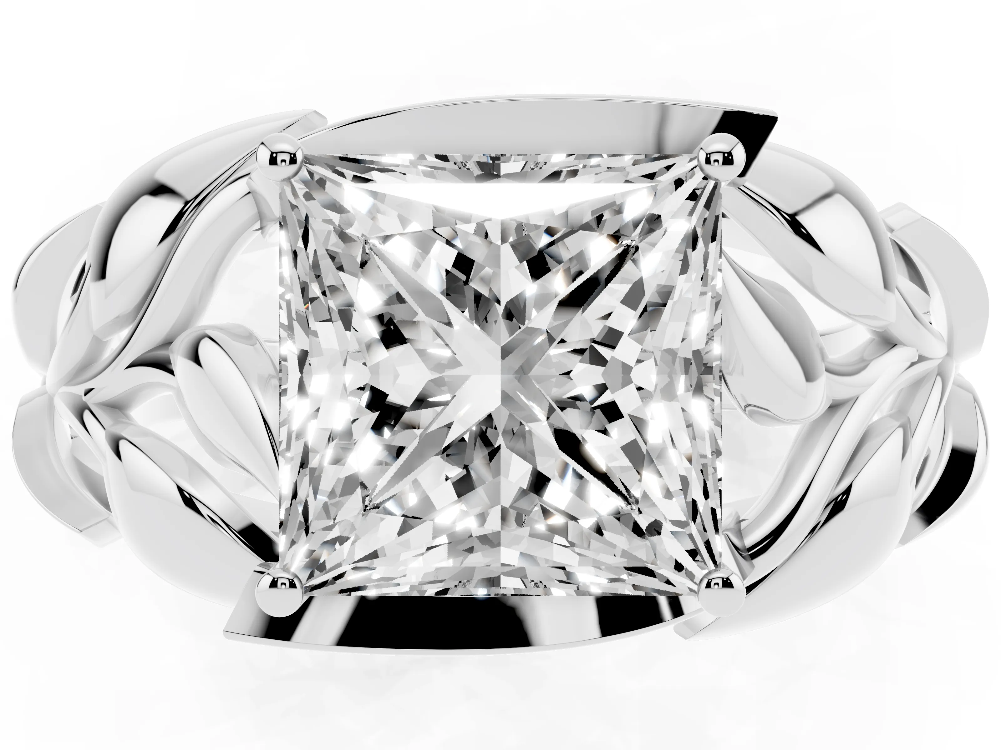 Princess Cut Diamond Leaf-Inspired Engagement Ring Set in Platinum with Round Accents