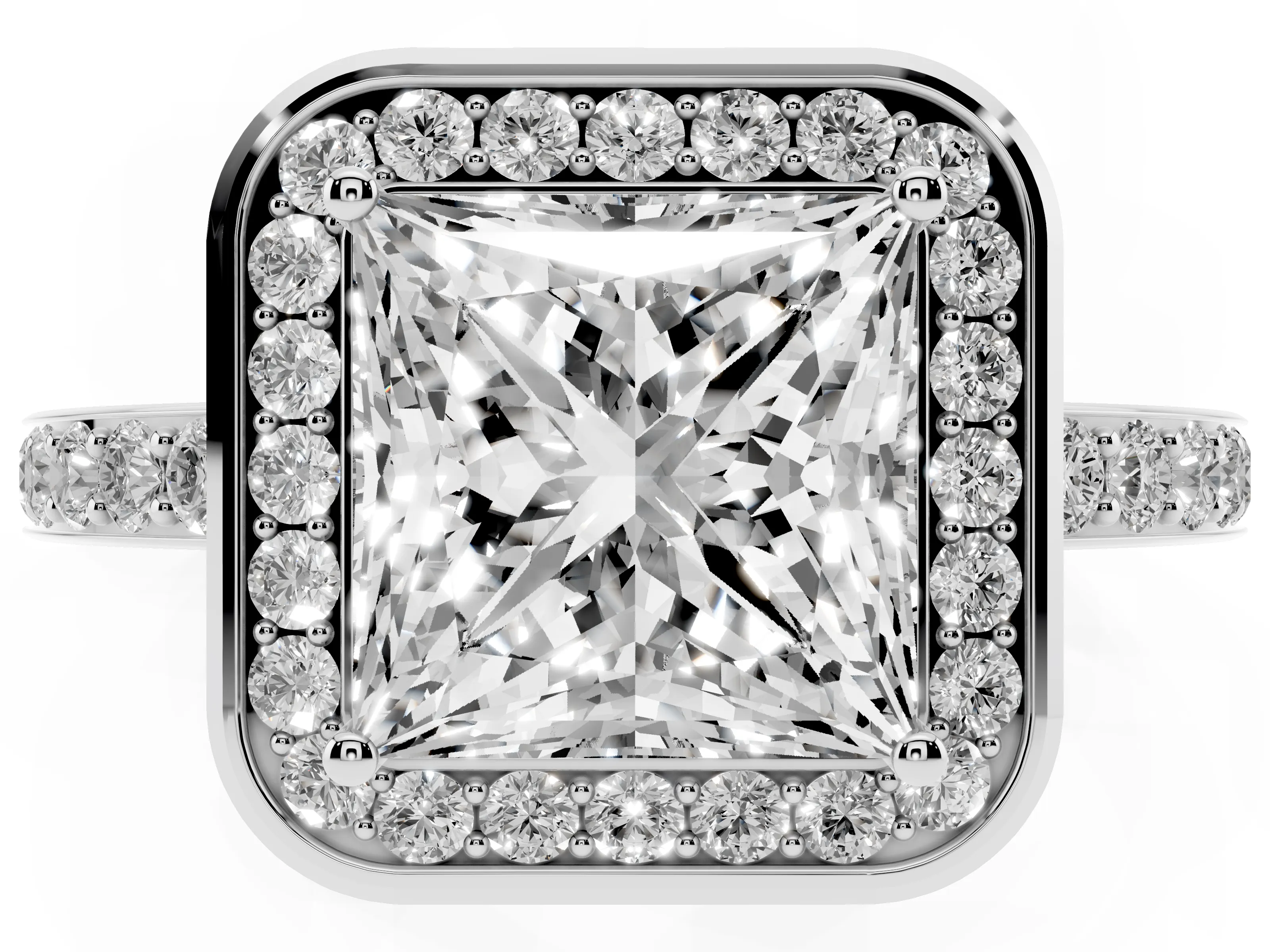 Princess Cut Diamond Halo Ring Set in Platinum with Bezel Frame and Pavé Band