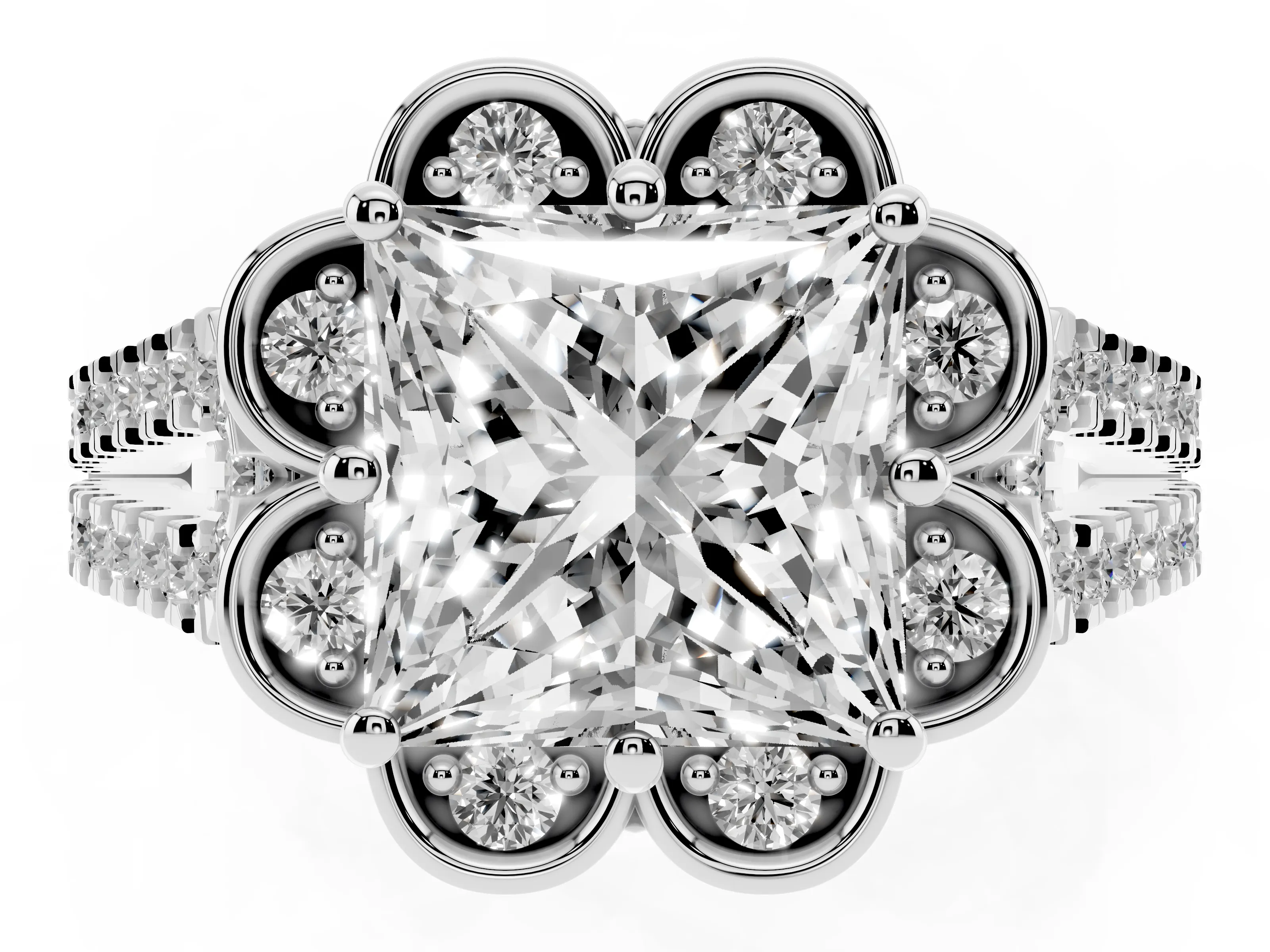 Princess Cut Diamond Floral Halo Split Shank Engagement Ring Set in White gold with Pavé Shank
