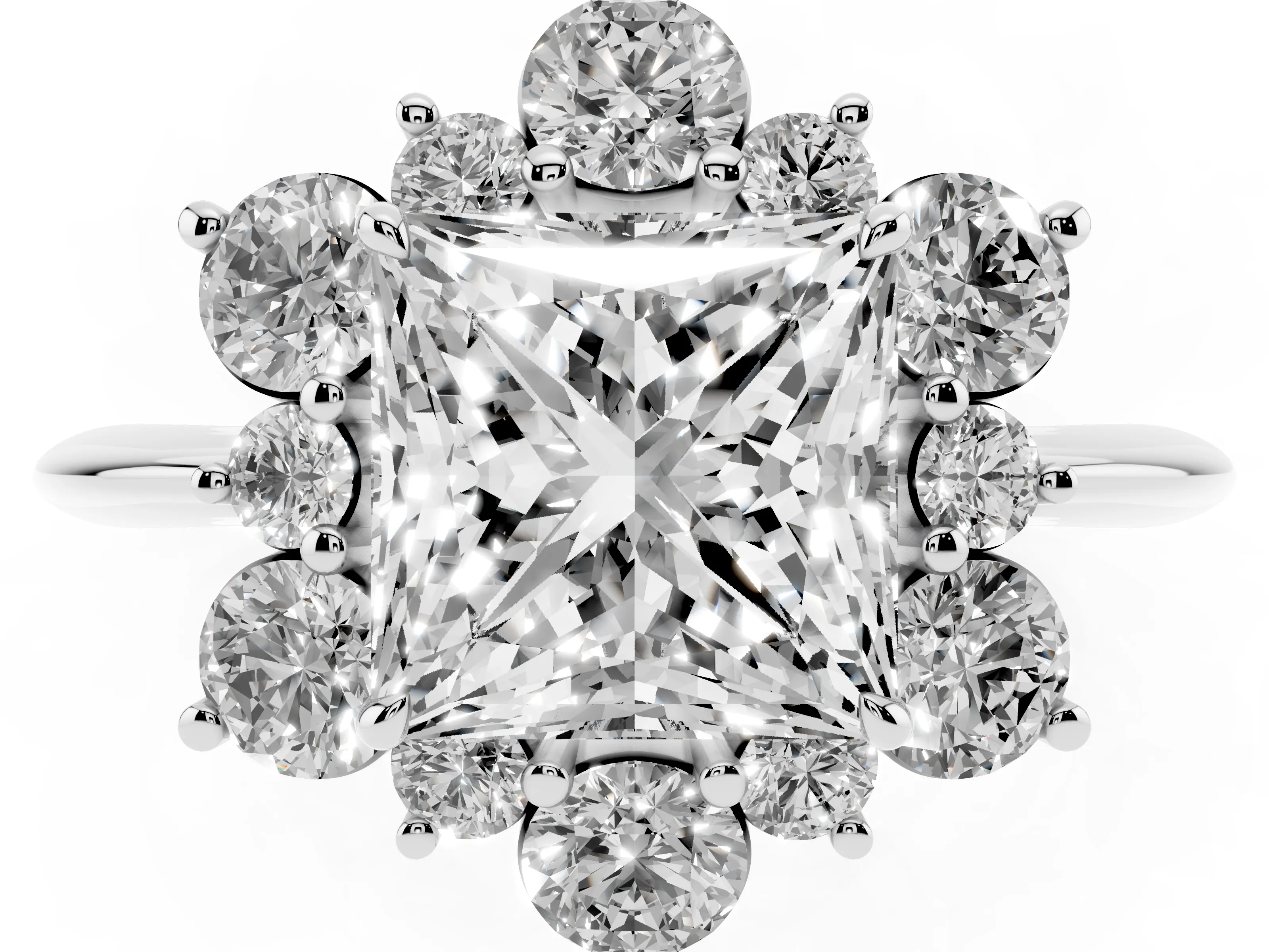 Princess Cut Diamond Cluster Halo Ring Set in Silver with Solitaire Band and Prong Setting