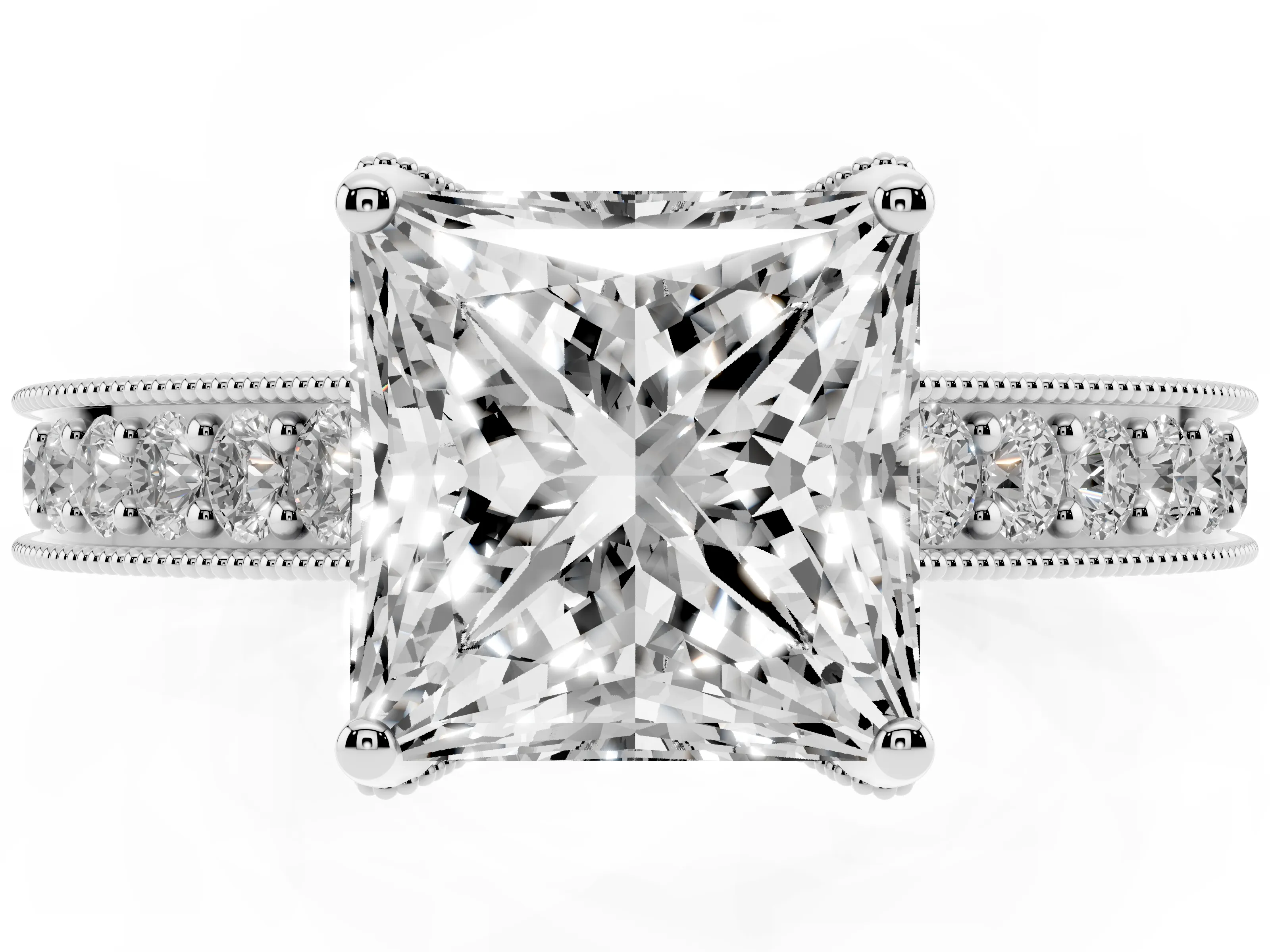 Princess Cut Diamond Solitaire Ring Set in Silver with Milgrain-Edged Pavé Band and Prong Setting