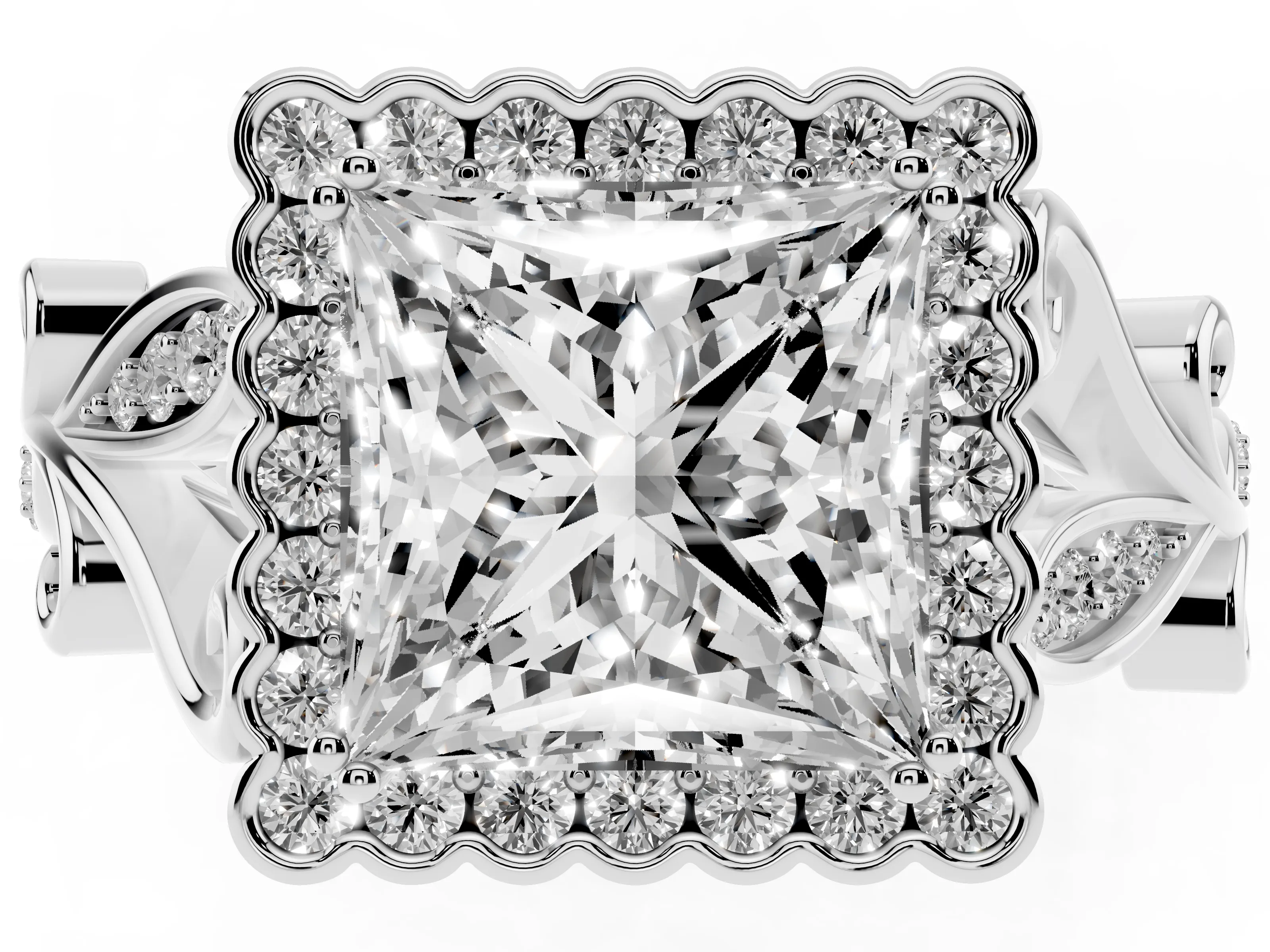 Princess Cut Diamond Halo Ring Set in White gold with Leaf Motif Split Shank and Prong Setting