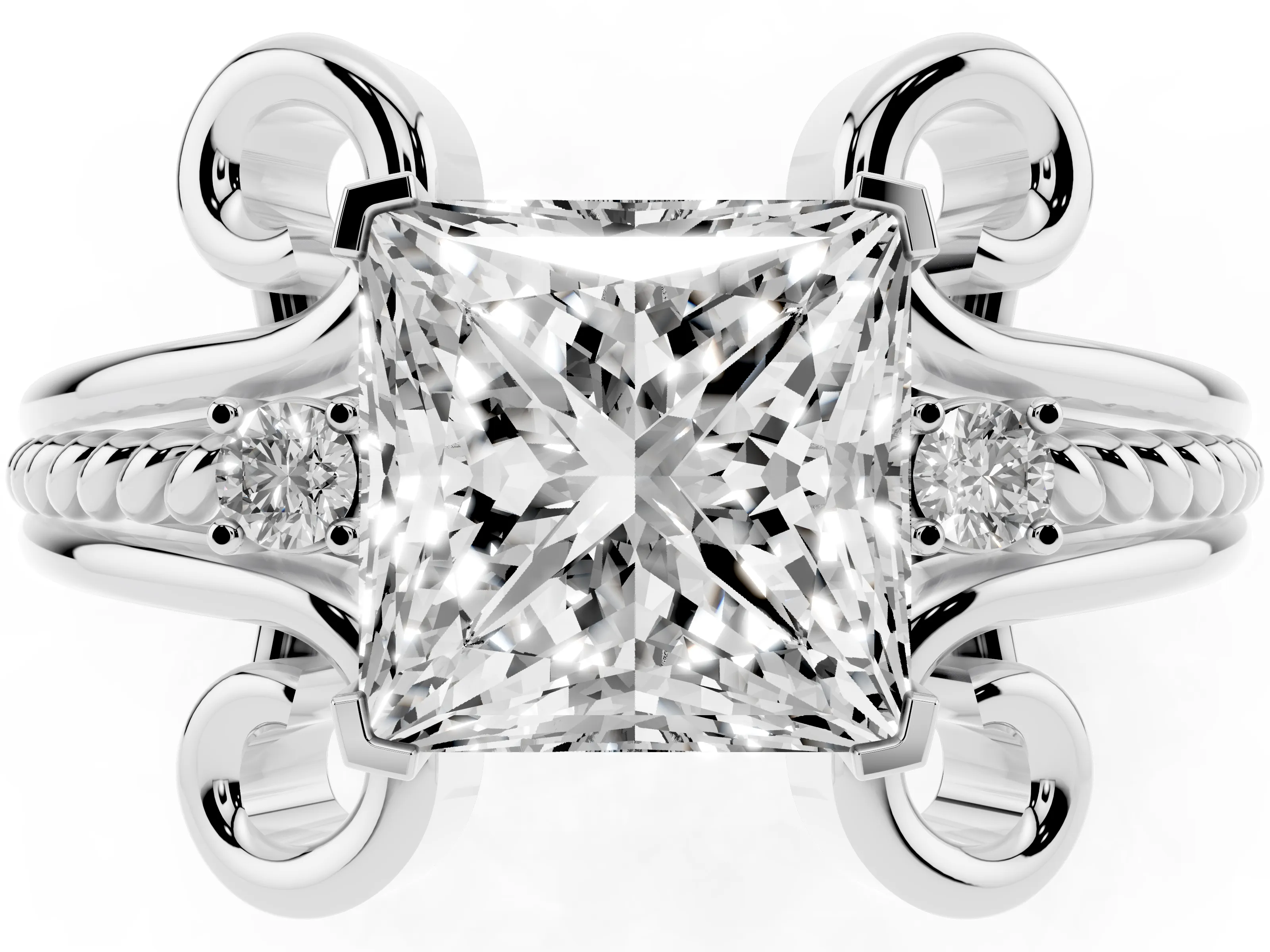 Princess Cut Diamond Twisted Band Solitaire Ring Set in Platinum with Scroll Prongs
