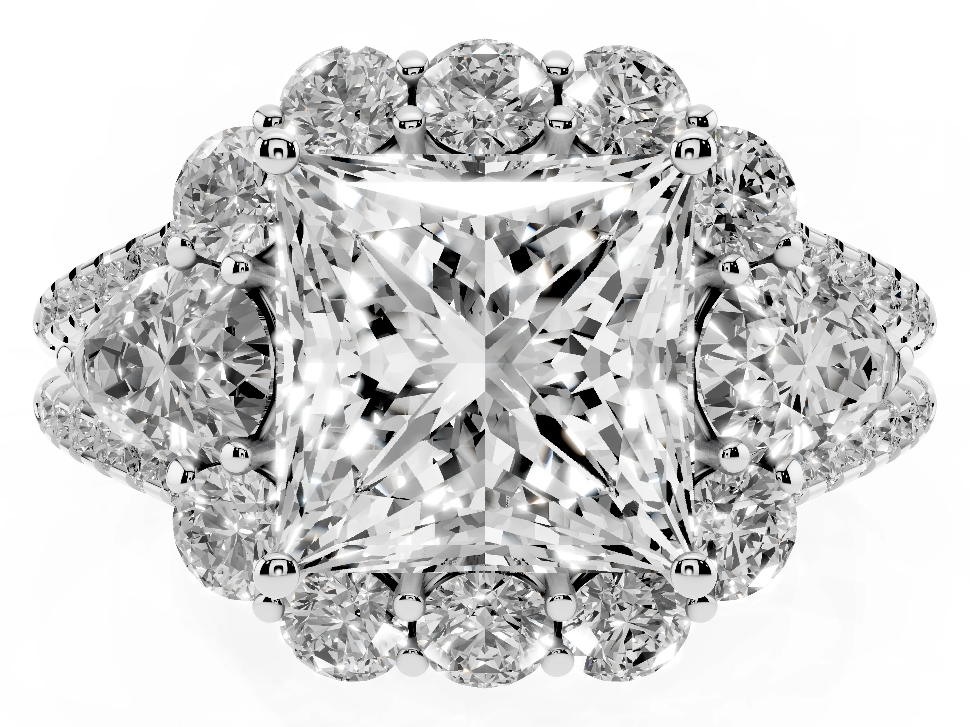 Princess Cut Diamond Halo Split Shank Engagement Ring Set in White gold with Prong-Held Center Stone