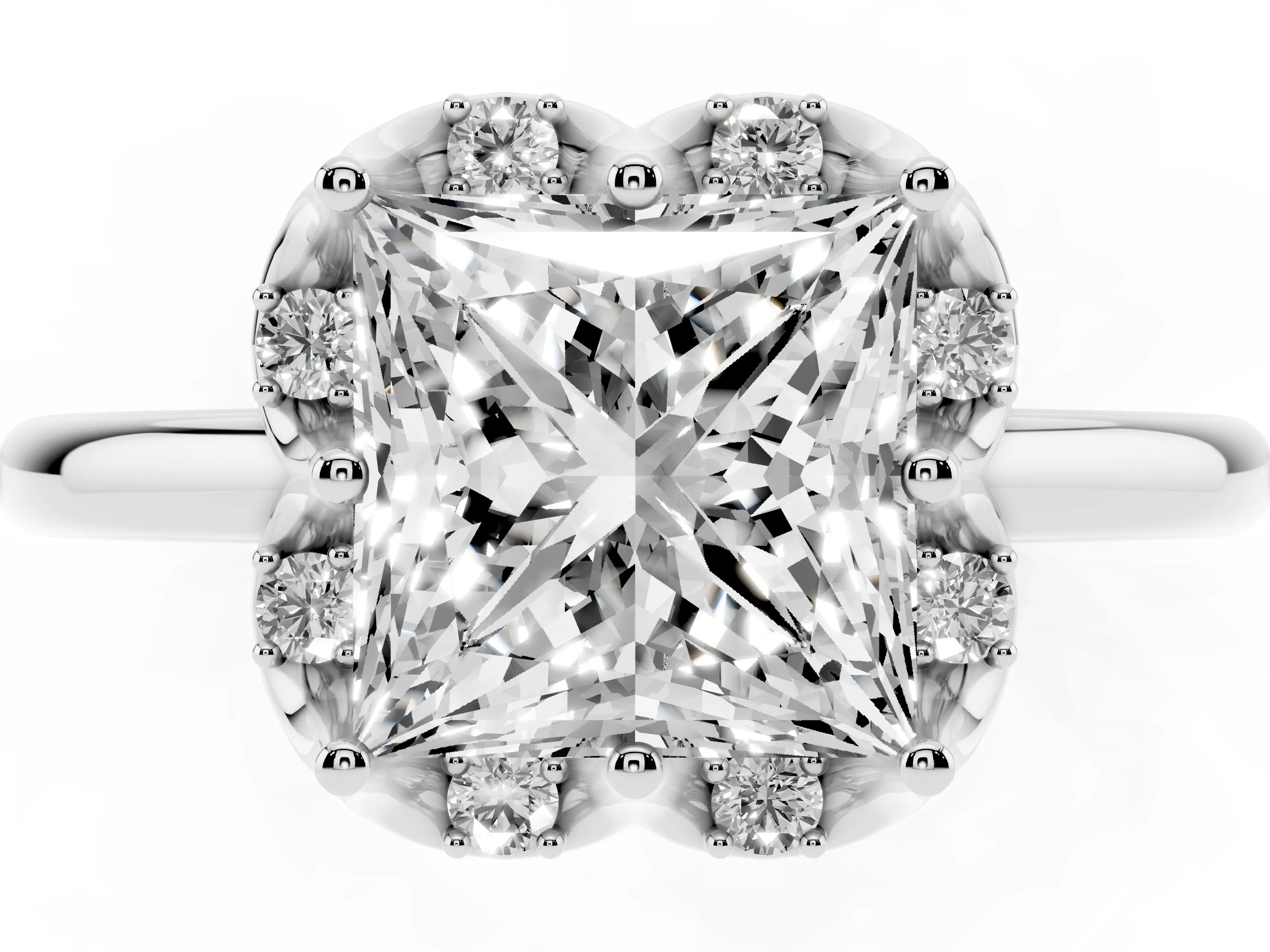 Princess Cut Diamond Round Cluster Halo Ring Set in Silver with Solitaire Band and Prong Setting