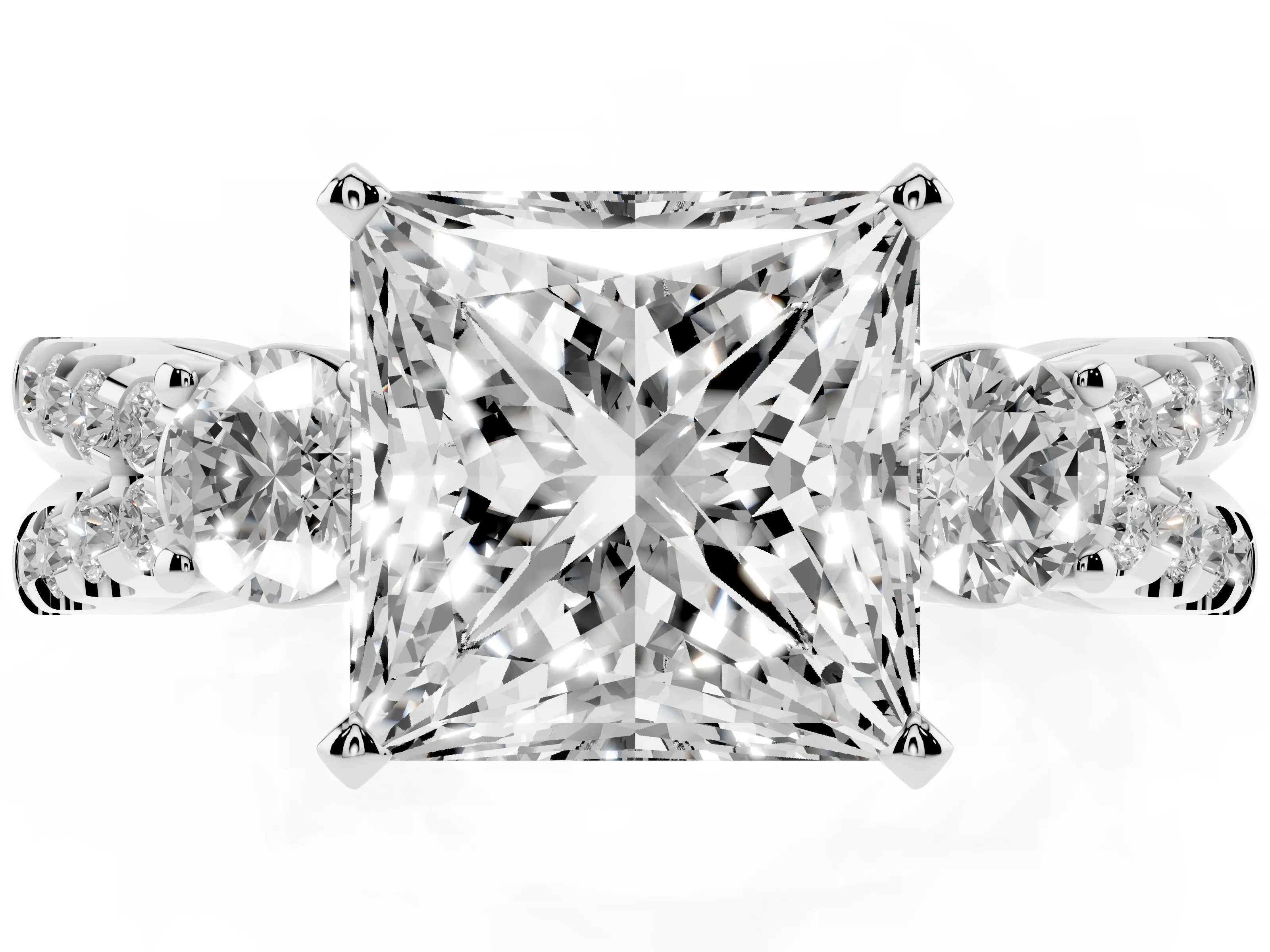 Princess Cut Diamond Three-Stone Ring Set in Silver with Pavé Split Shank and Prong Setting