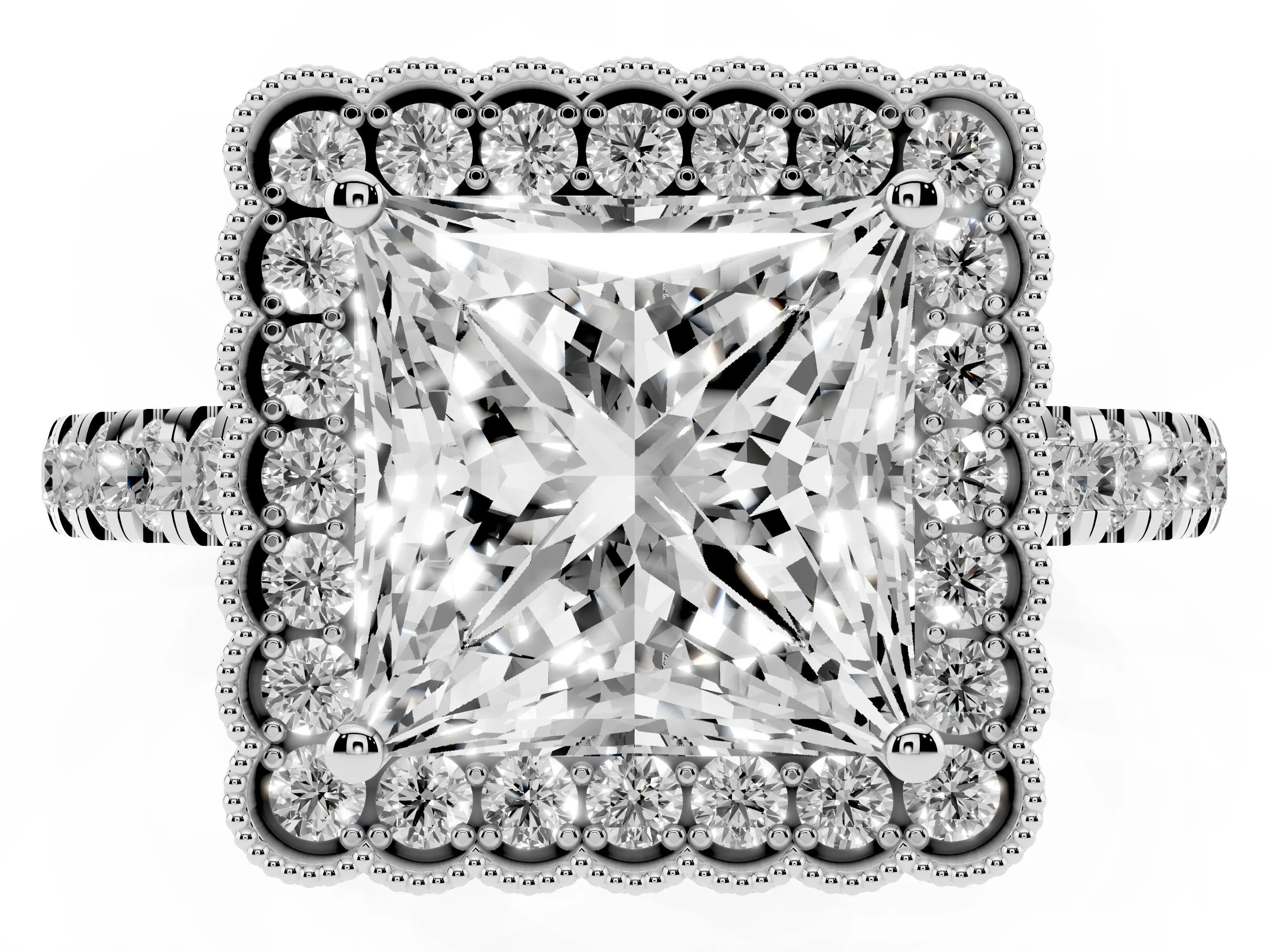 Princess Cut Diamond Milgrain Floral Halo Engagement Ring Set in Platinum with Pavé Band