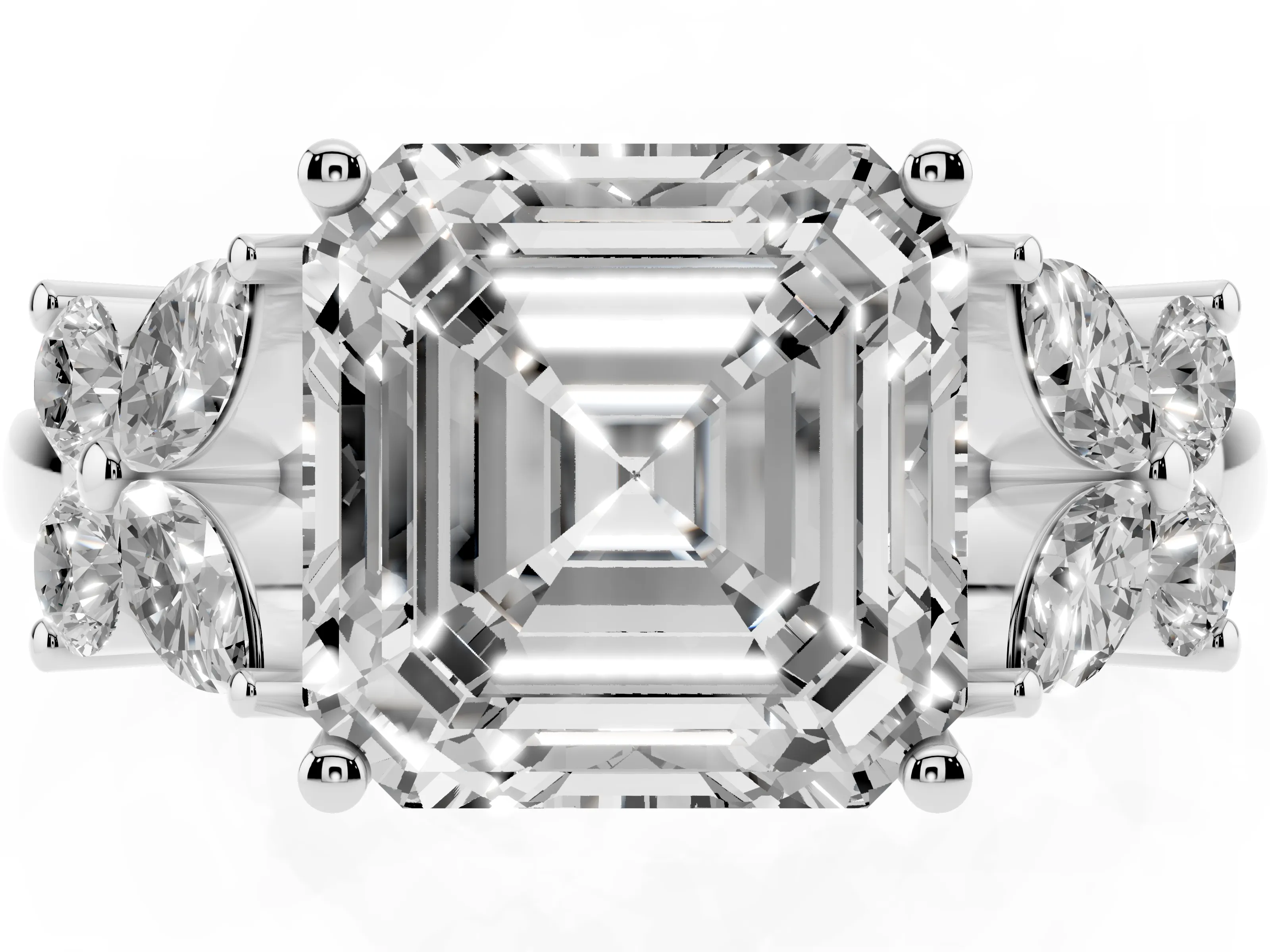 Princess Cut Diamond Floral Cluster Ring Set in Silver with Marquise Petals and Prong Setting