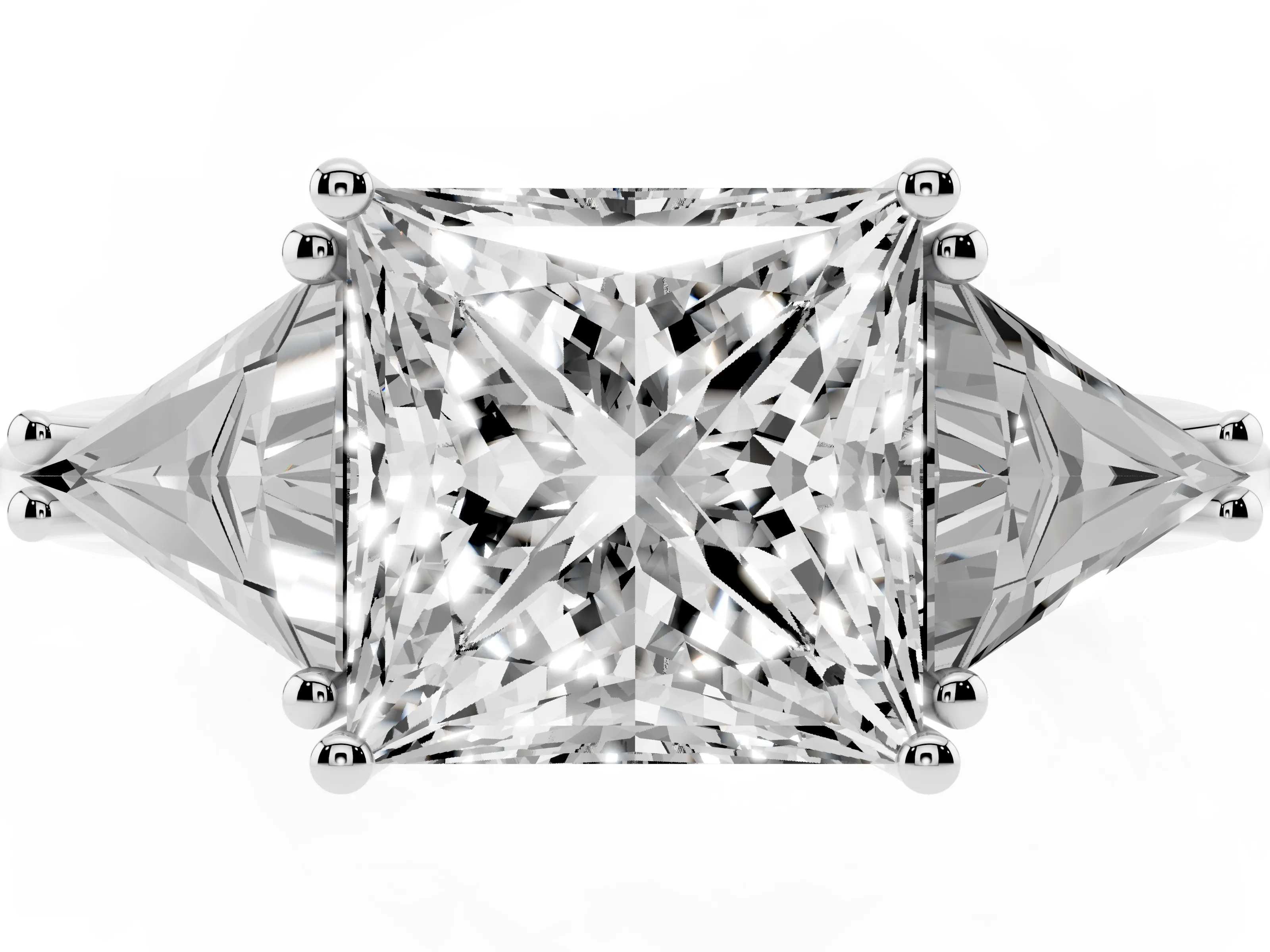 Princess Cut Diamond Three-Stone Engagement Ring Set in White gold with Trillion Side Stones