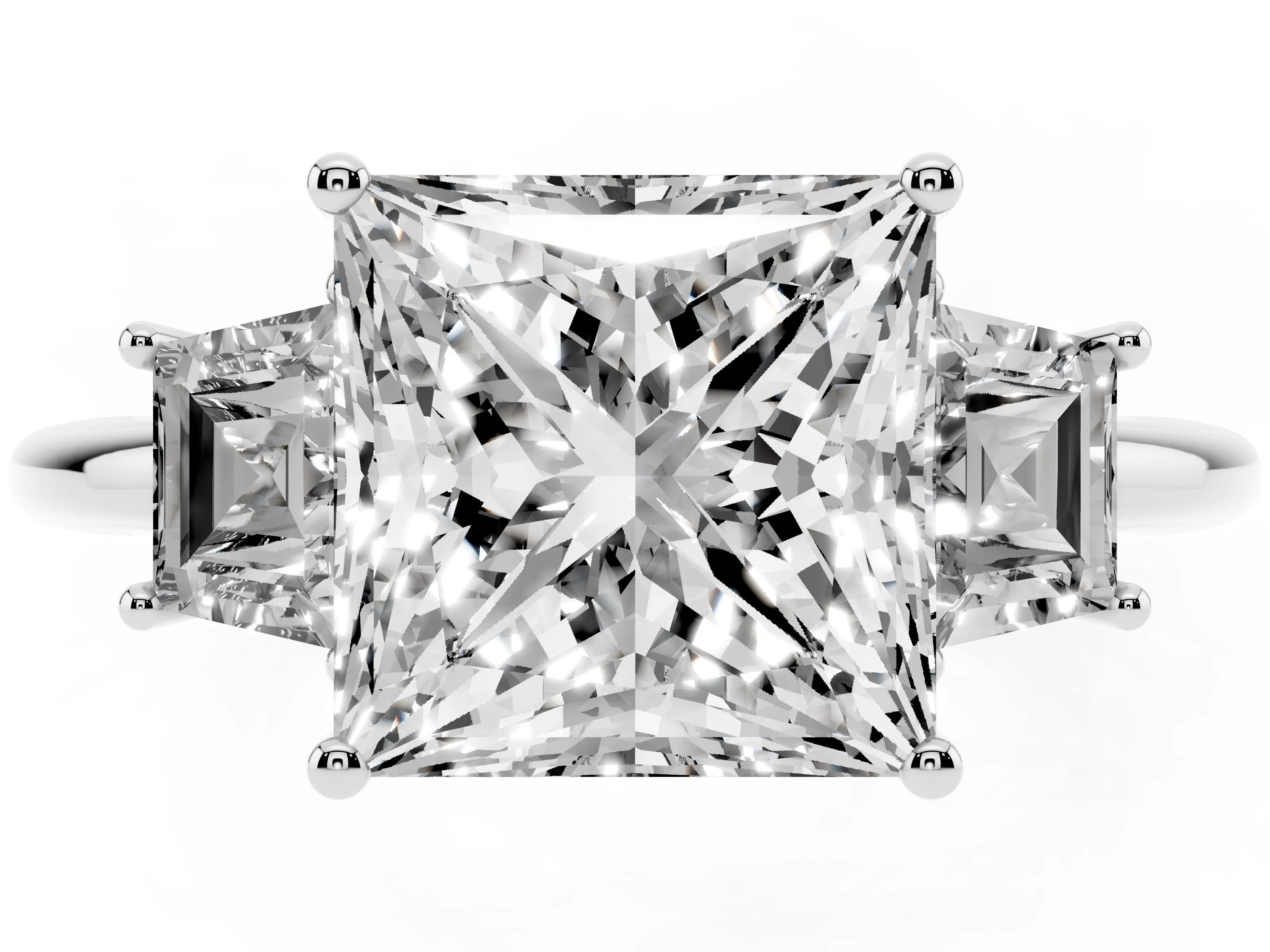 Princess Cut Diamond Three-Stone Ring Set in Platinum with Trapezoid Side Stones and Prong Setting