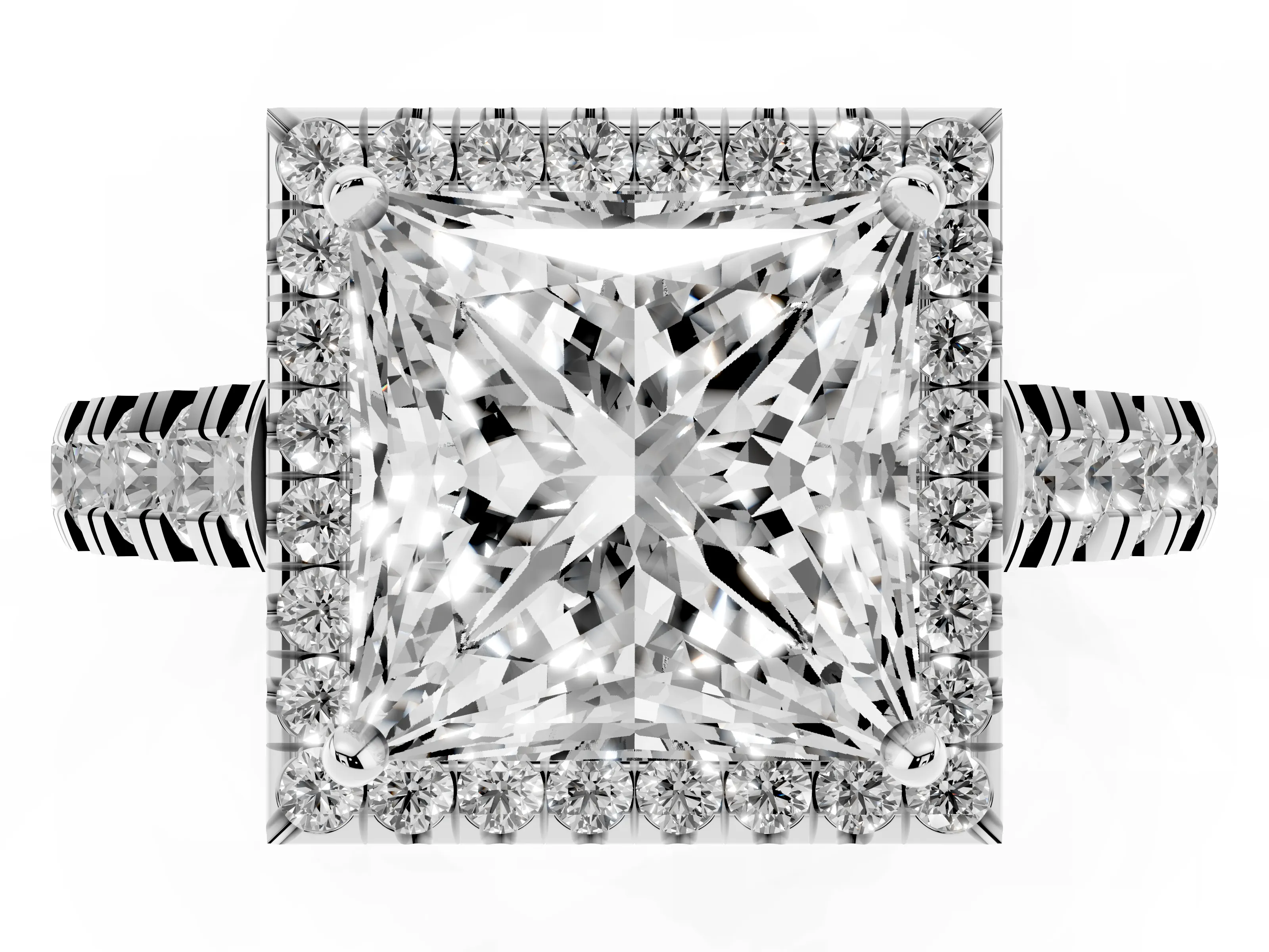 Princess Cut Diamond Halo Engagement Ring Set in White gold with Pavé Band and Prong-Set Center