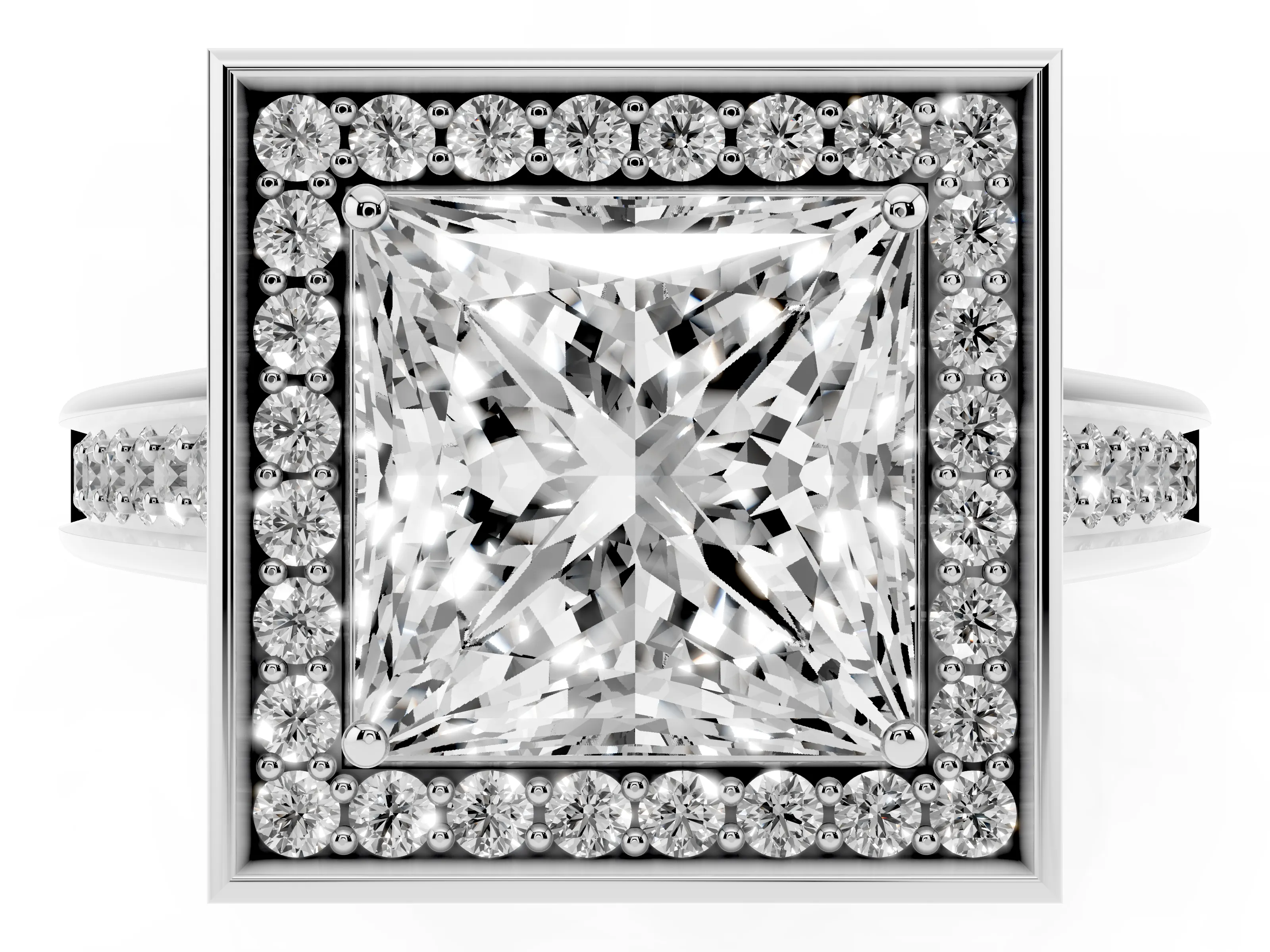 Princess Cut Diamond Halo Solitaire Ring Set in White gold with Pavé Band and Bezel Setting