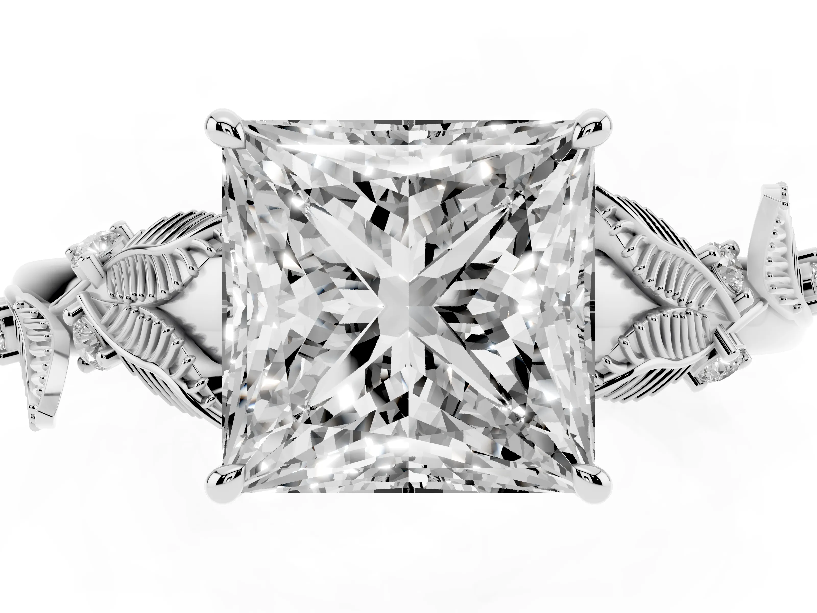 Princess Cut Diamond Solitaire Ring Set in White gold with Leaf Motif Band