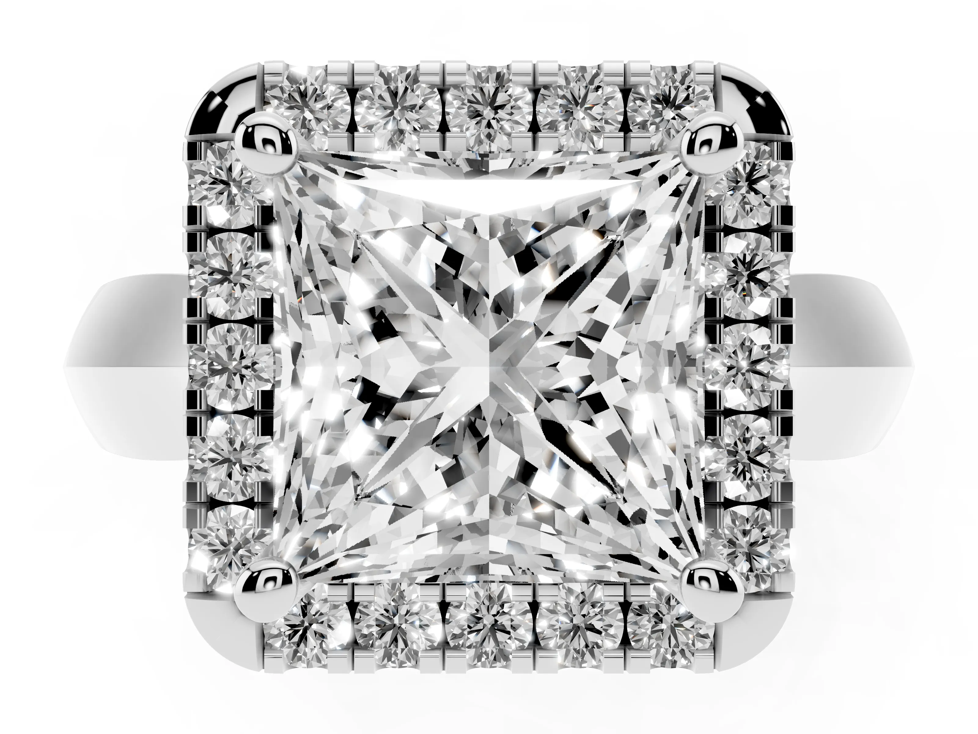 Princess Cut Diamond Halo Solitaire Engagement Ring Set in White gold with Square Band and Prong Setting