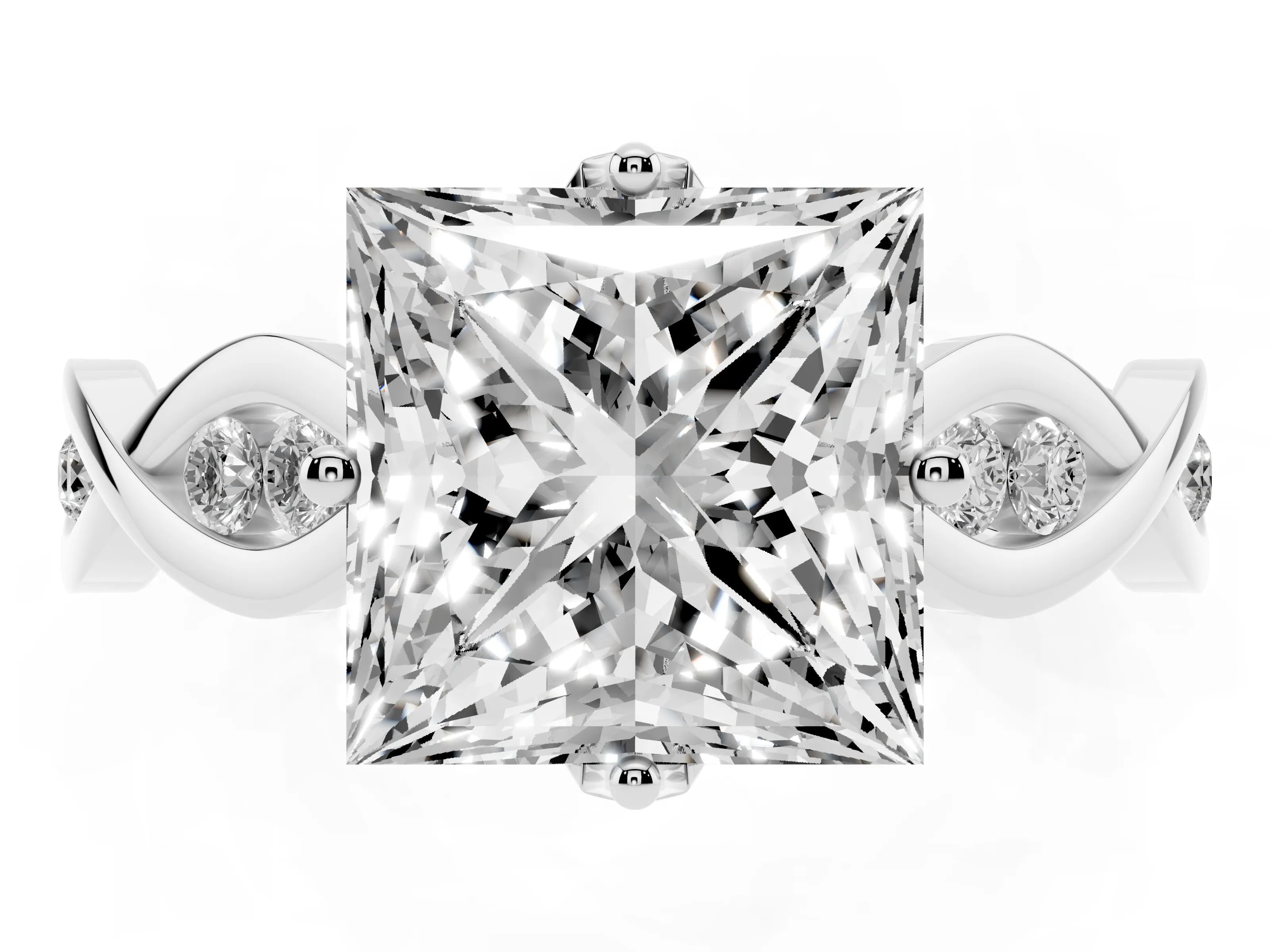 Princess Cut Diamond Twist Band Solitaire Ring Set in Platinum with Leaf Prong Setting and Accent Stones