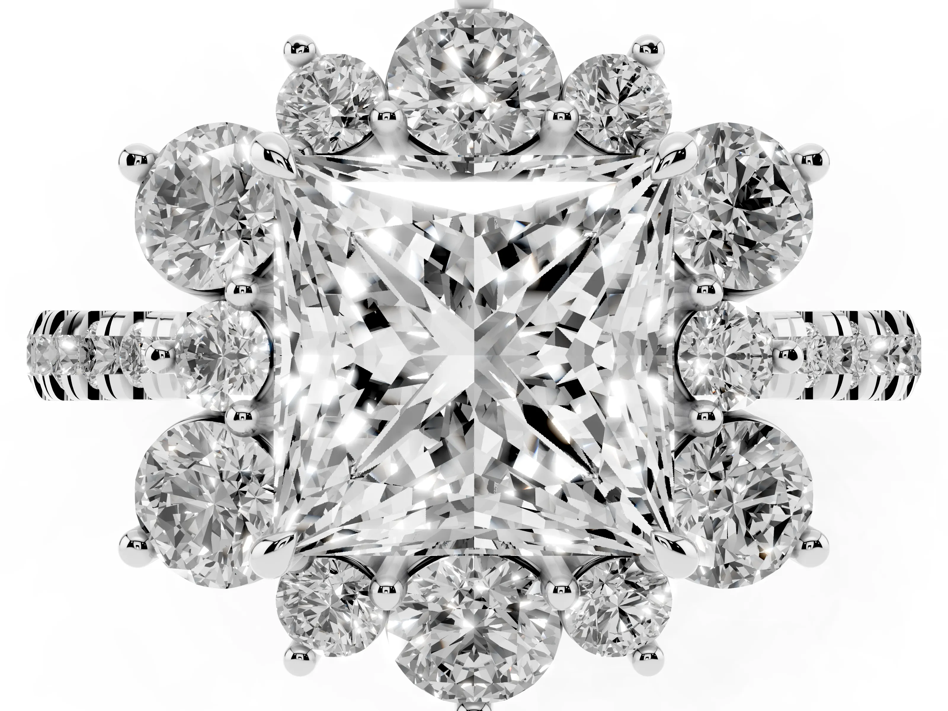 Princess Cut Diamond Floral Halo Ring Set in White gold with Round Pavé Band and Prong Setting