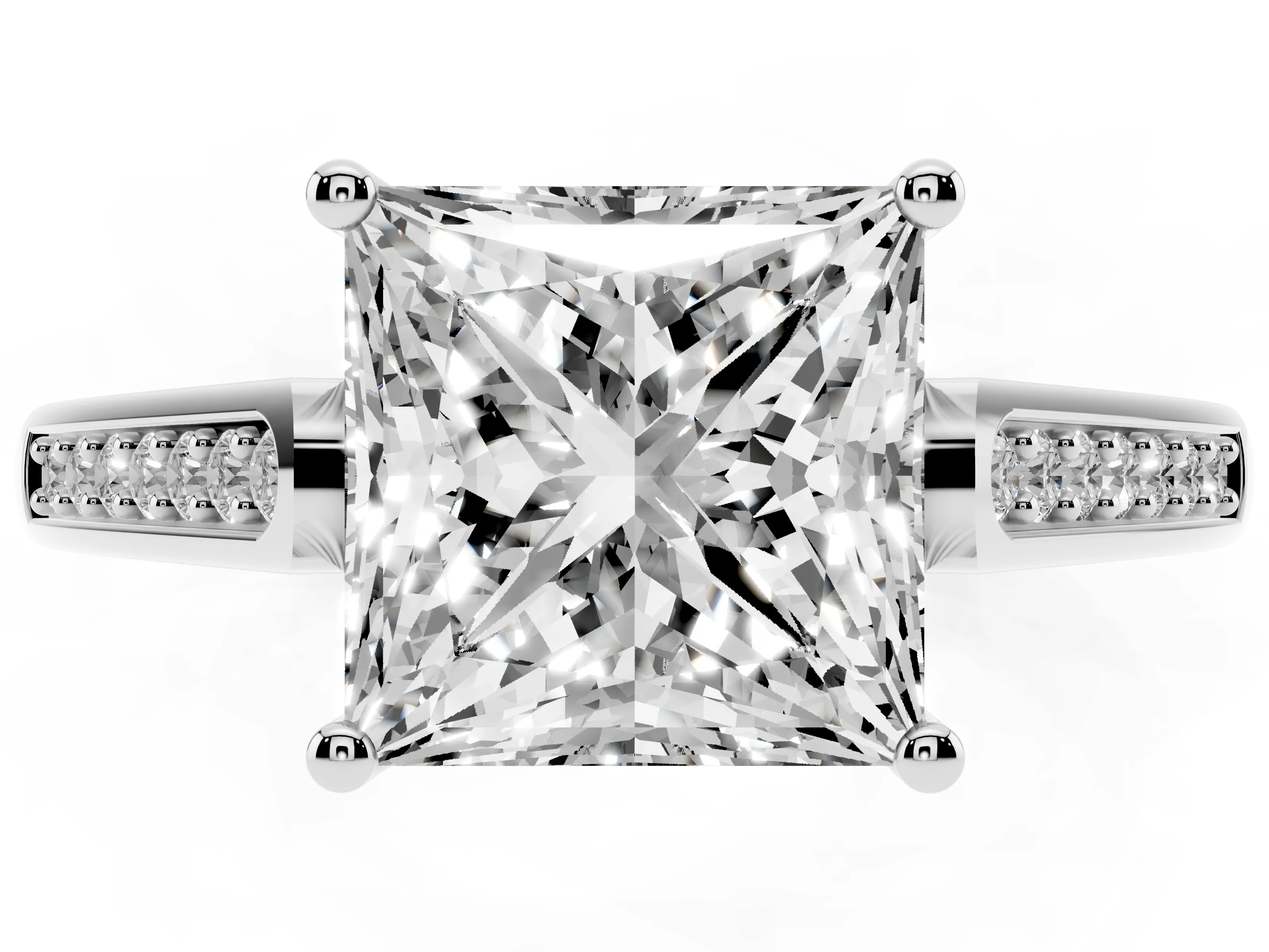 Princess Cut Diamond Solitaire Cathedral Engagement Ring Set in White gold with Channel-Set Band and Prong Setting