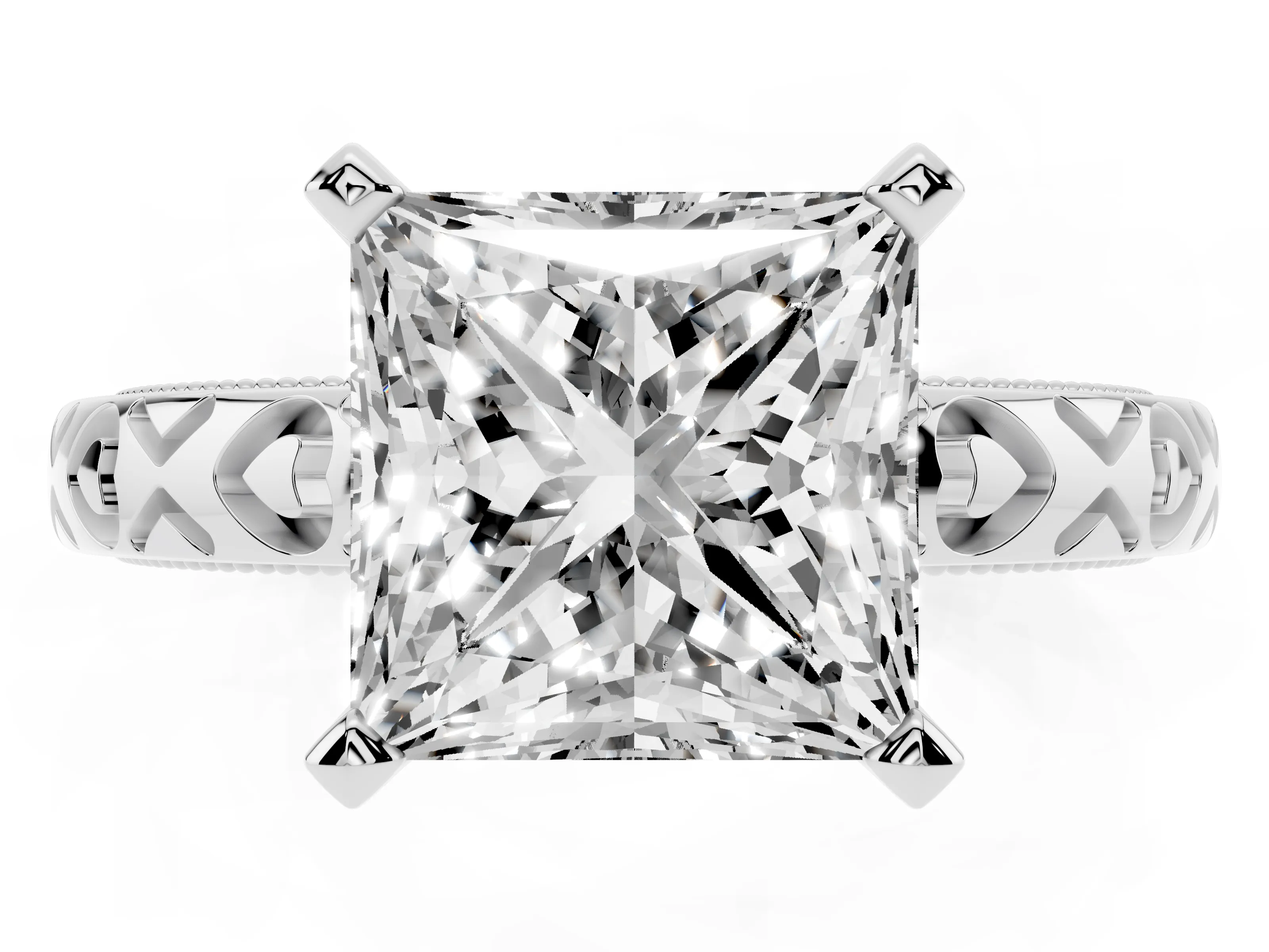 Princess Cut Diamond Solitaire Engagement Ring Set in White gold with XO Engraved Band and Prong Setting