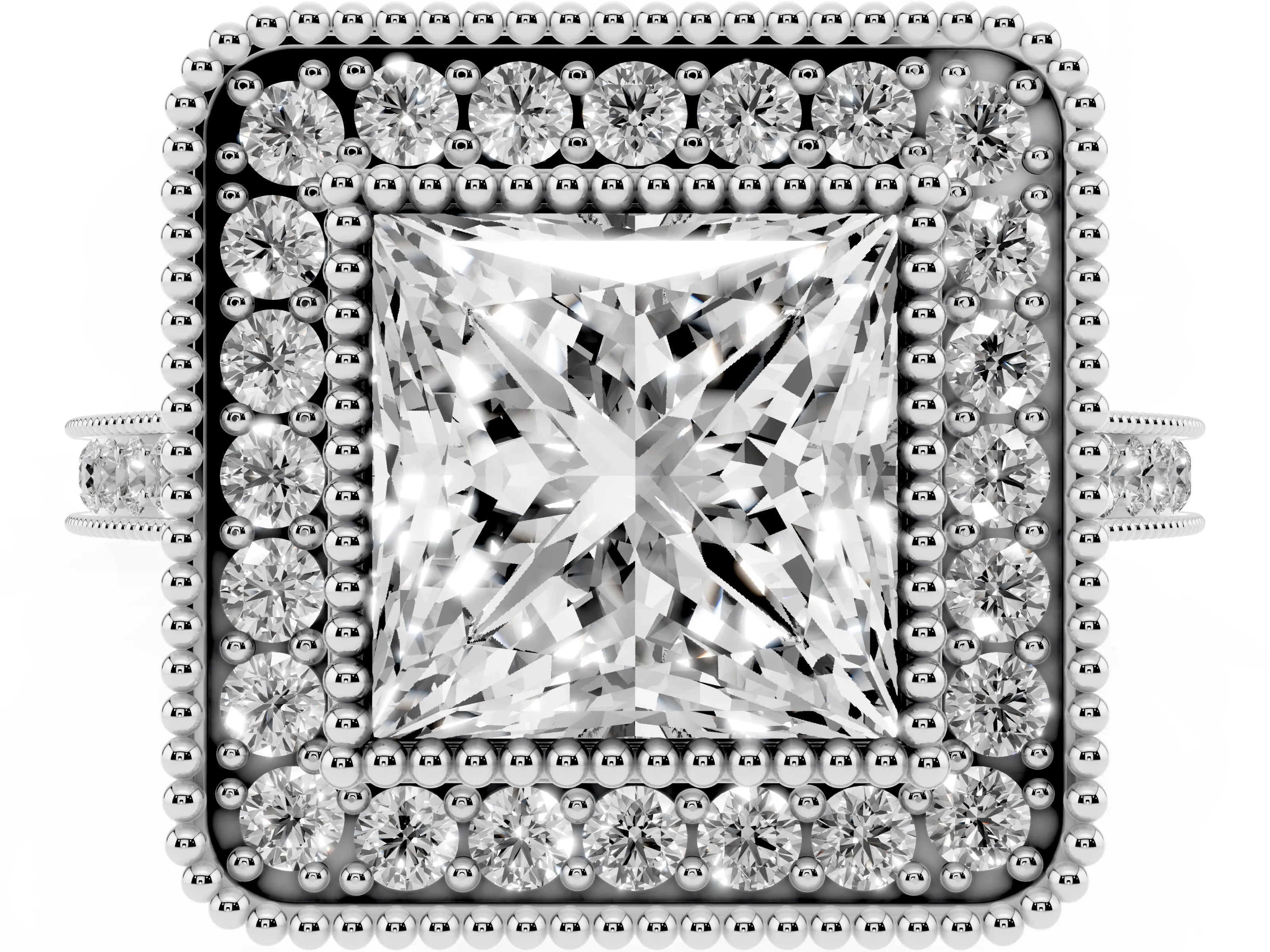 Princess Cut Diamond Halo Ring Set in White gold with Milgrain Frame and Pavé Band