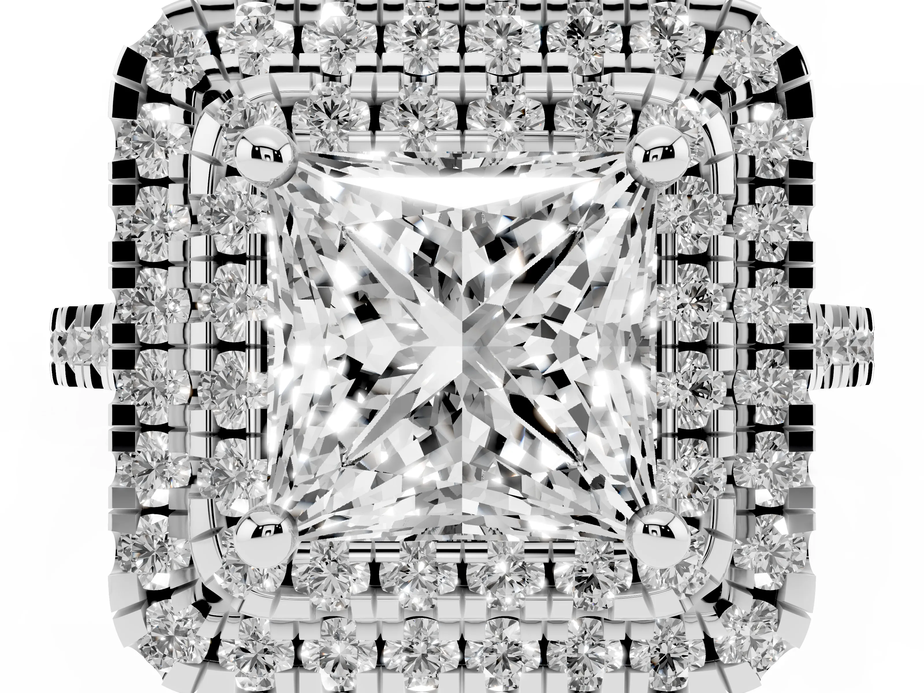 Princess Cut Diamond Double Halo Statement Ring Set in White gold with Pavé Band