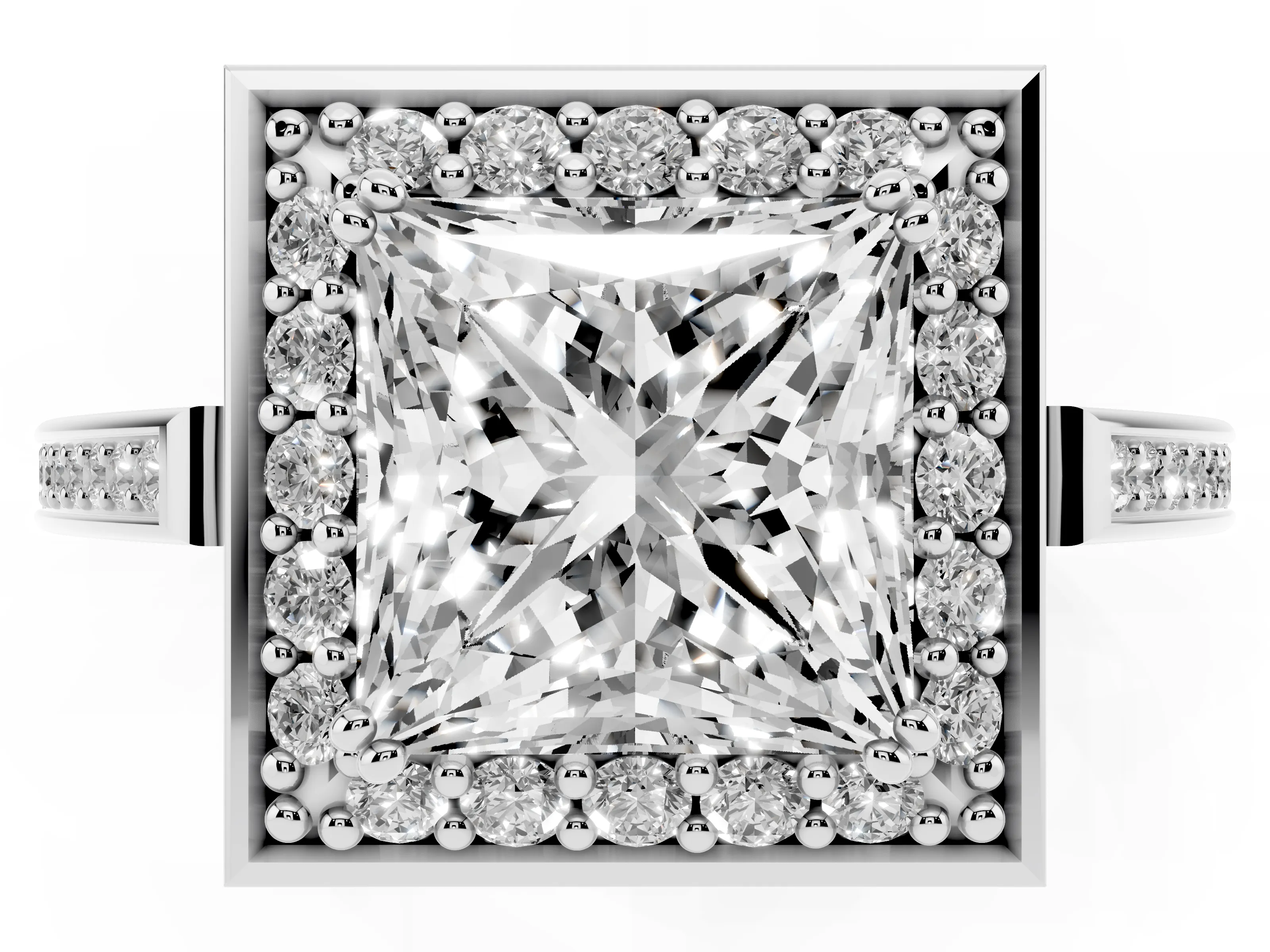 Princess Cut Diamond Halo Ring Set in White gold with Accent-Lined Split Shank and Prong Setting