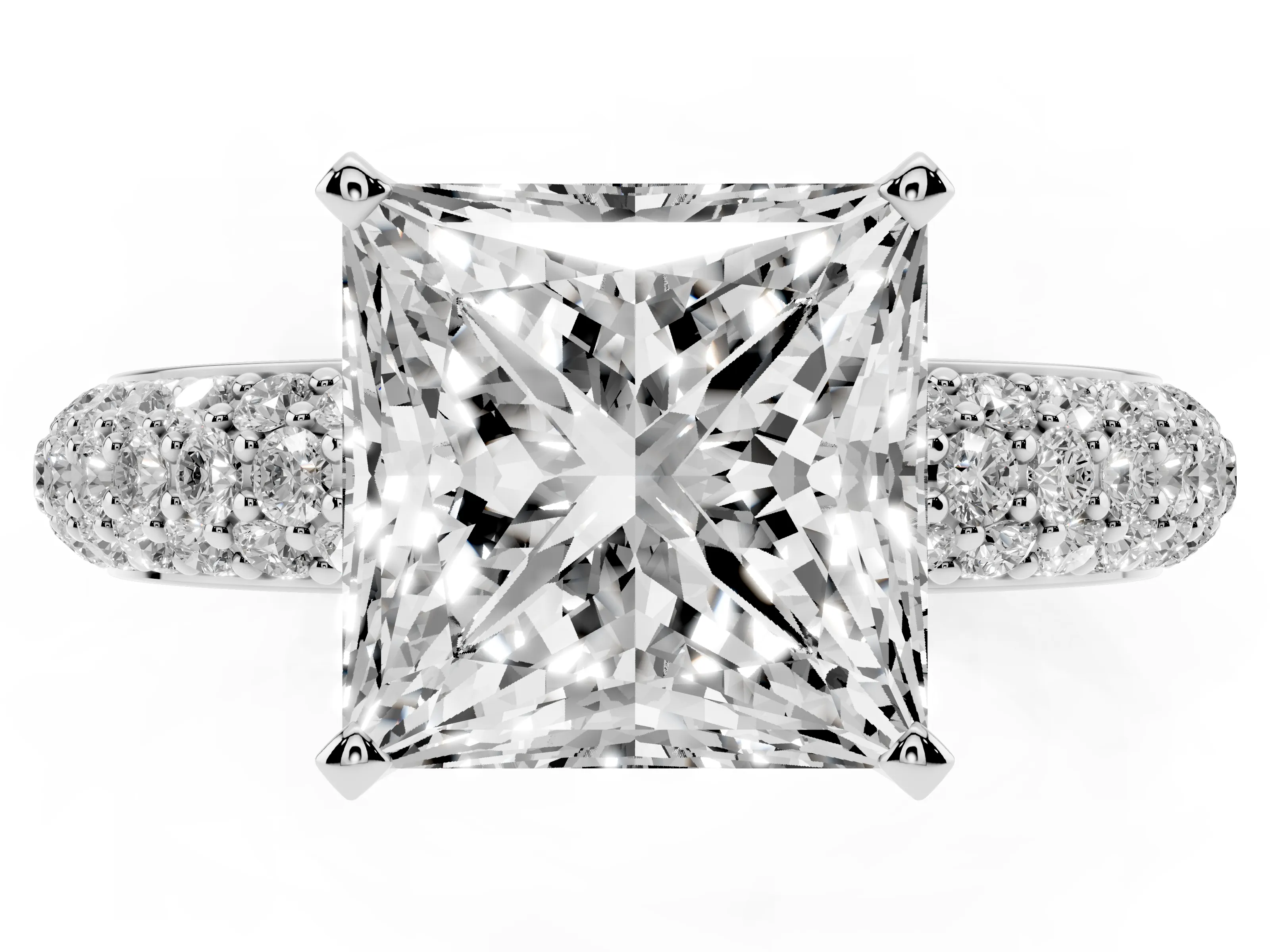 Princess Cut Diamond Solitaire Ring Set in Silver with Prong Setting and Pavé-Set Band