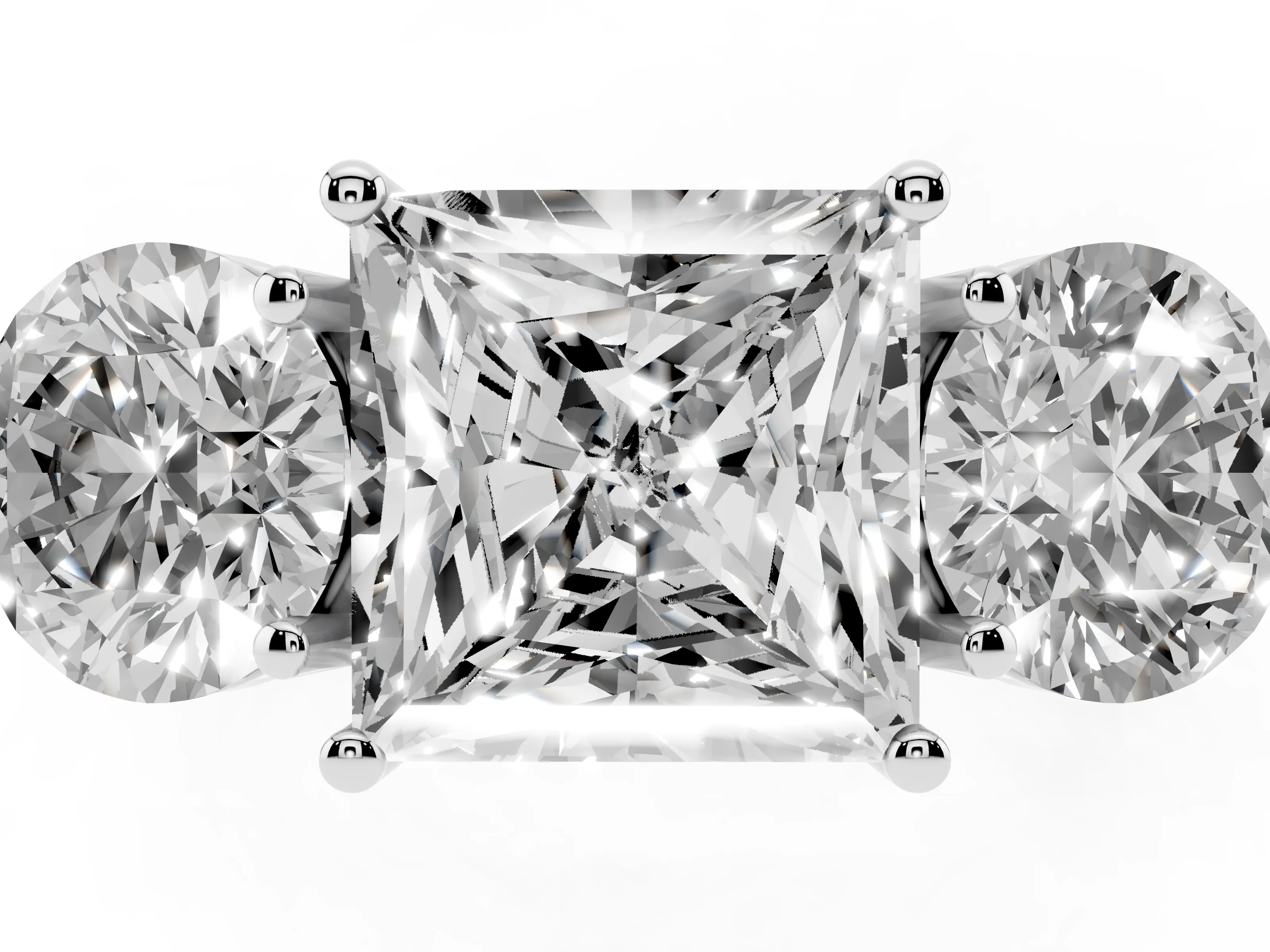 Princess Cut Diamond Three-Stone Ring Set in Silver with Prong Setting and Plain Band