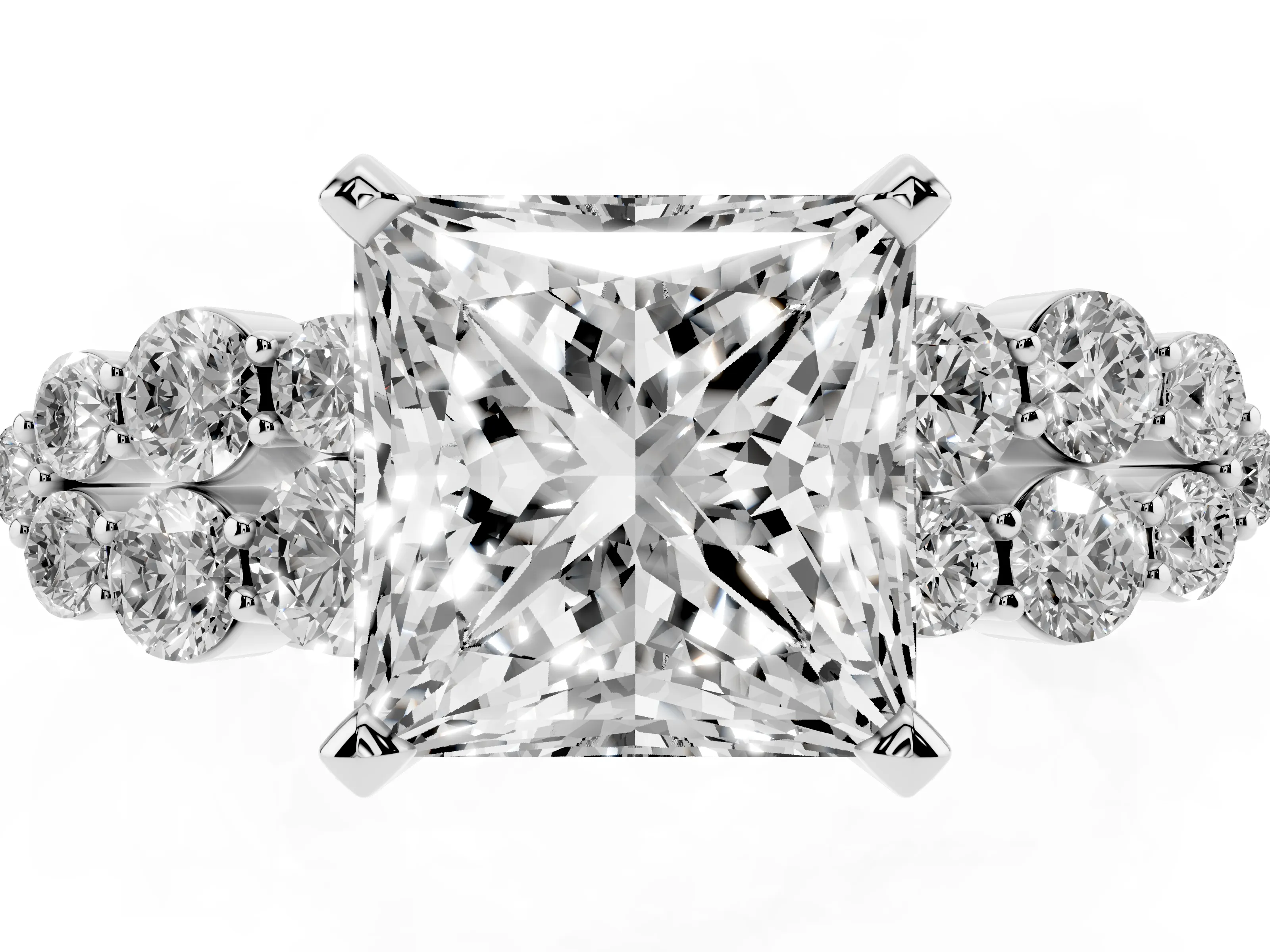 Princess Cut Diamond Cluster Engagement Ring Set in Silver with Pavé Band and Prong Setting