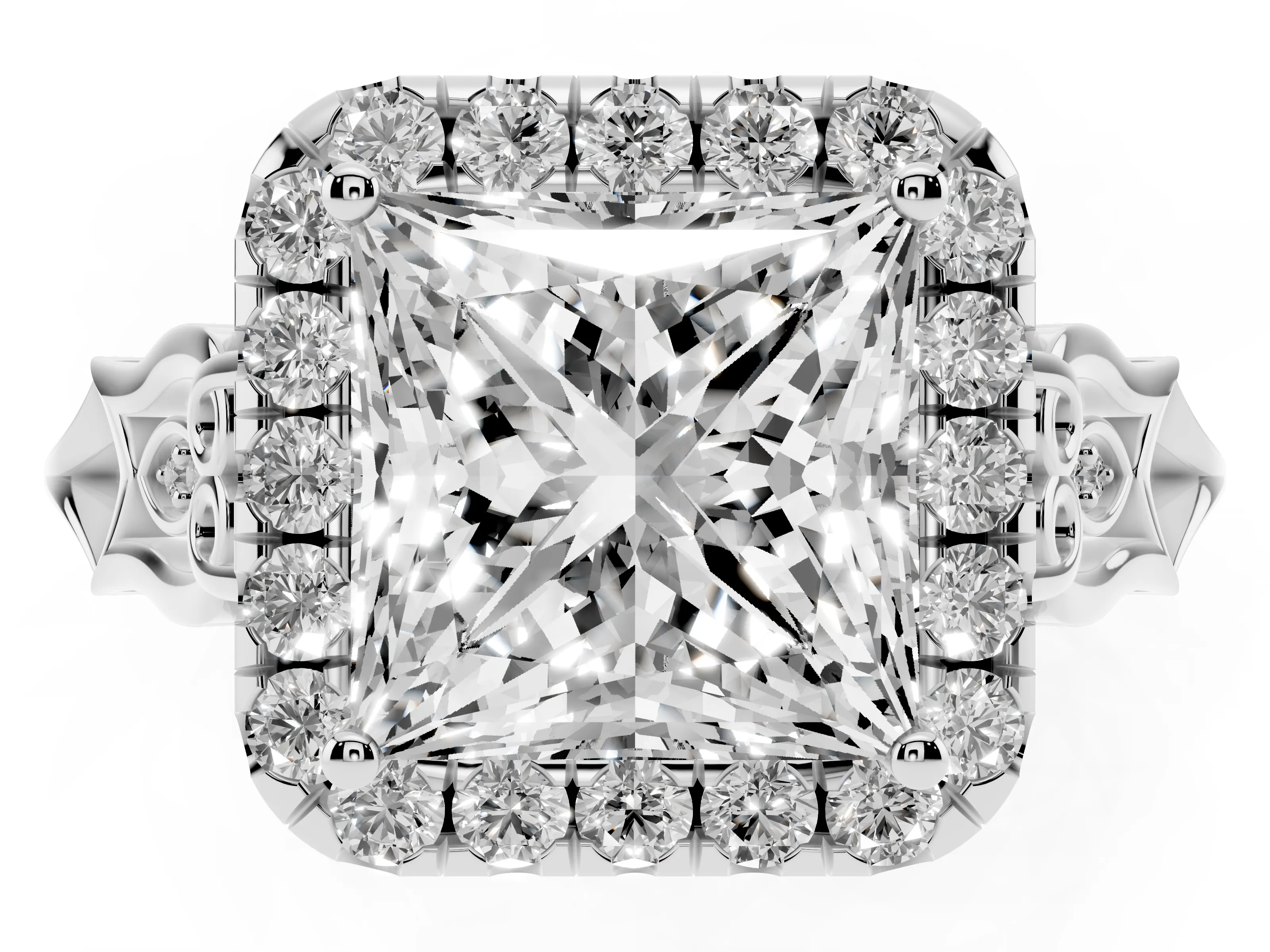 Princess Cut Diamond Halo Engagement Ring Set in White gold with Filigree Band and Prong-Set Center