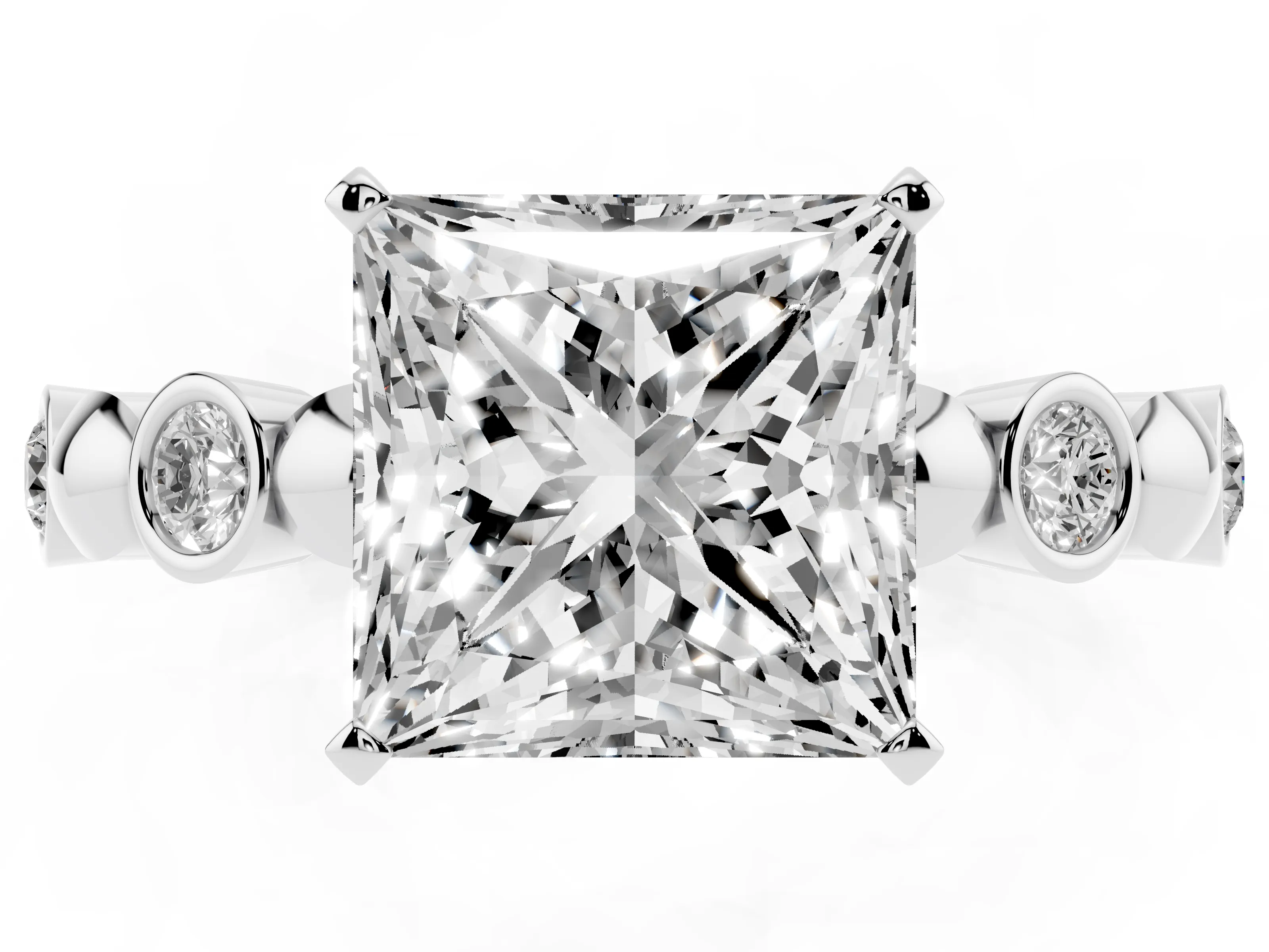 Princess Cut Diamond Solitaire Ring Set in White gold with Bezel-Set Accents on Beaded Band and Prong Setting