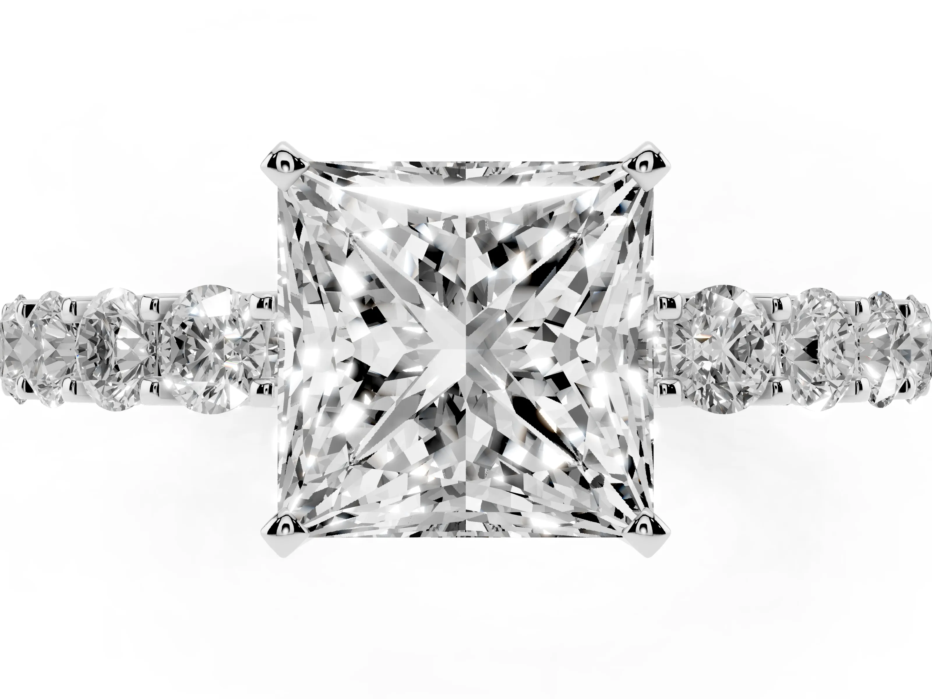 Princess Cut Diamond Solitaire Ring Set in White gold with Shared Prong Pavé Band