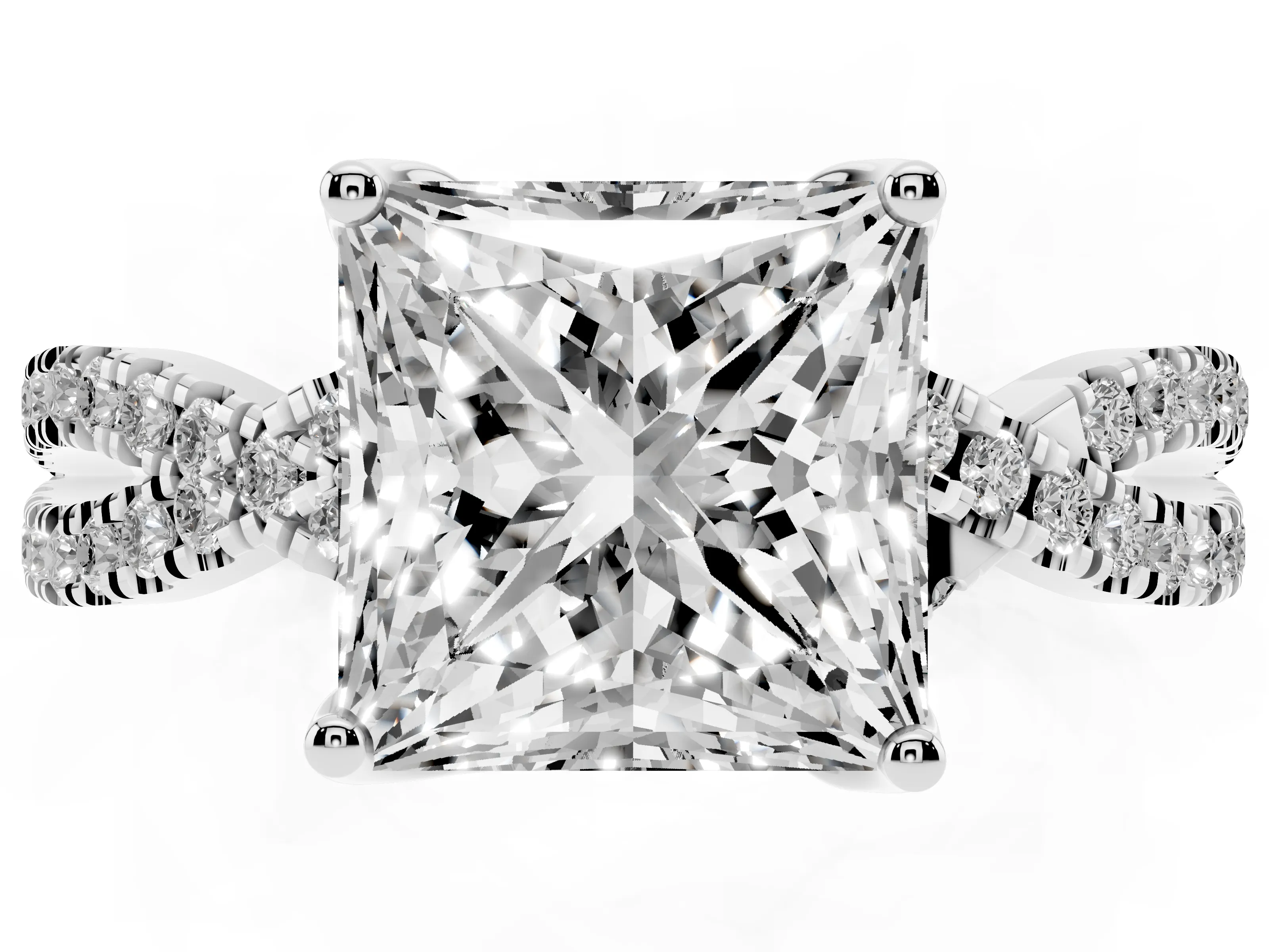 Princess Cut Diamond Twist Pavé Solitaire Engagement Ring Set in Silver with Prong Setting