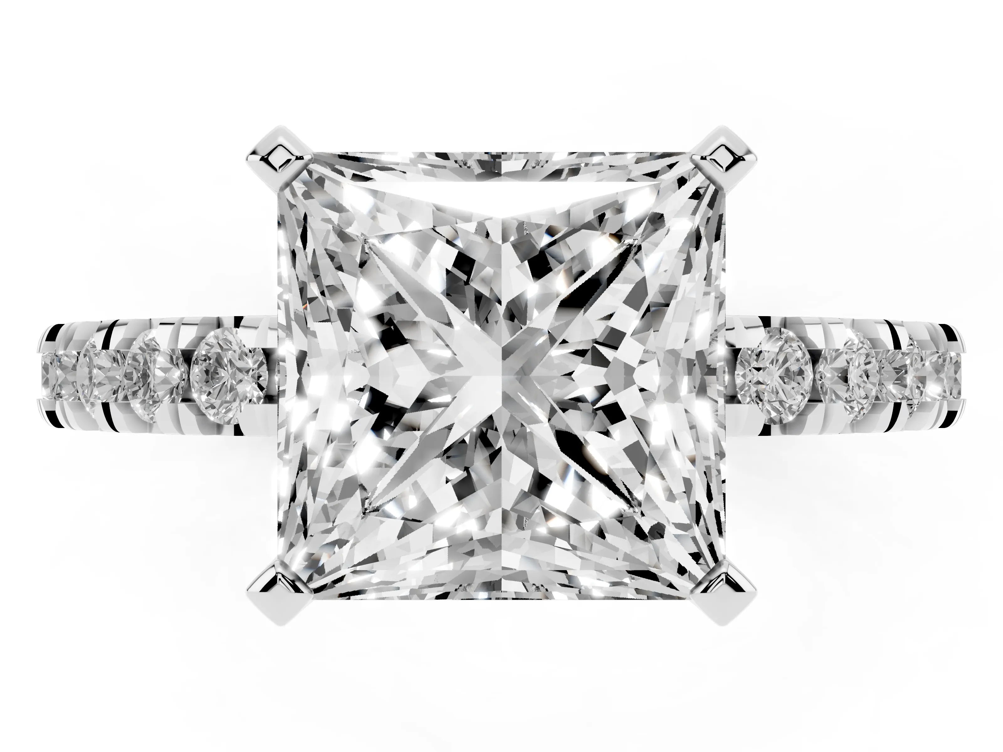 Princess Cut Diamond Pavé Band Solitaire Set in Platinum with Prong Setting