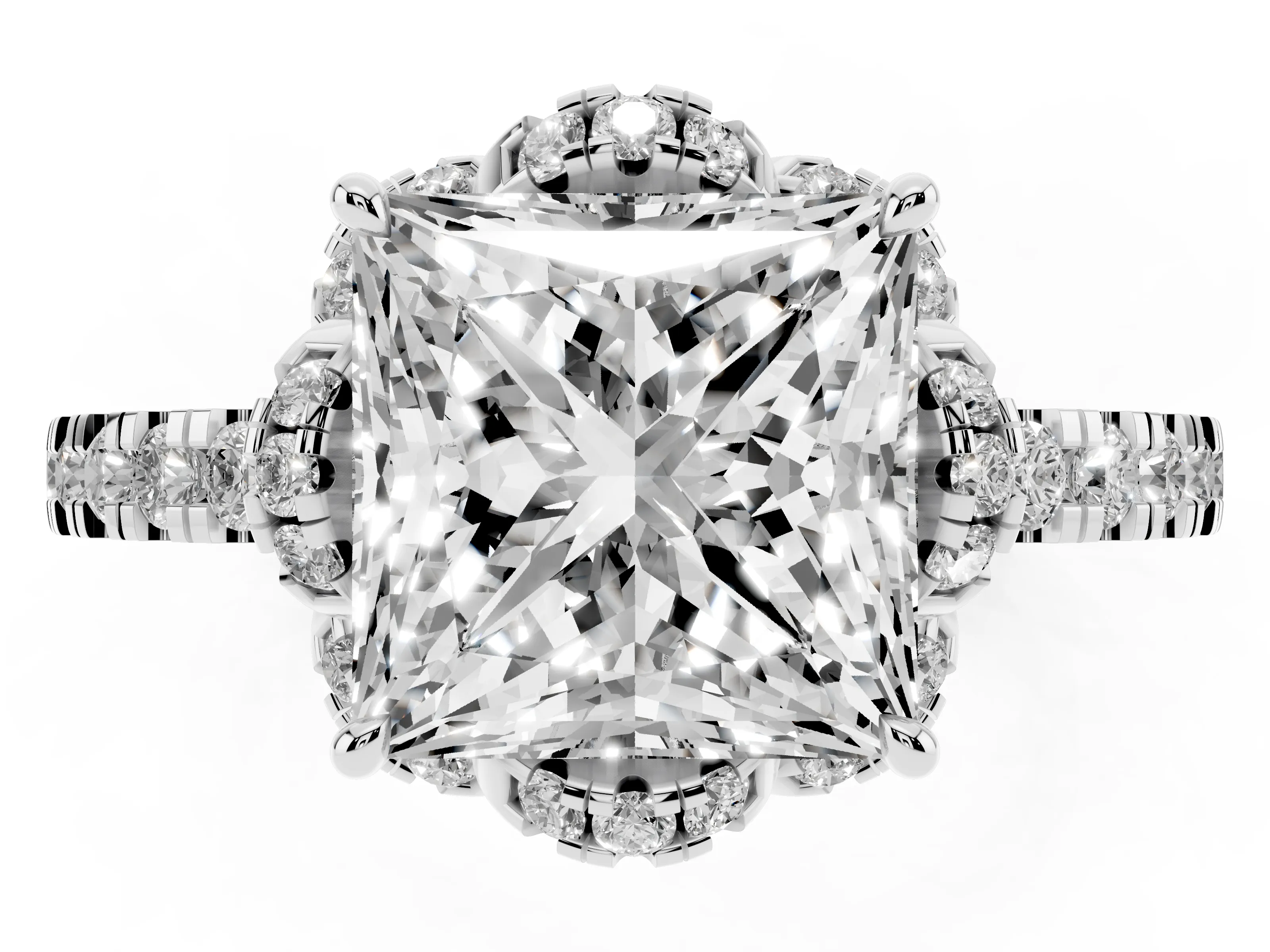 Princess Cut Diamond Halo Pavé Band Ring Set in Silver with Prong-Held Center