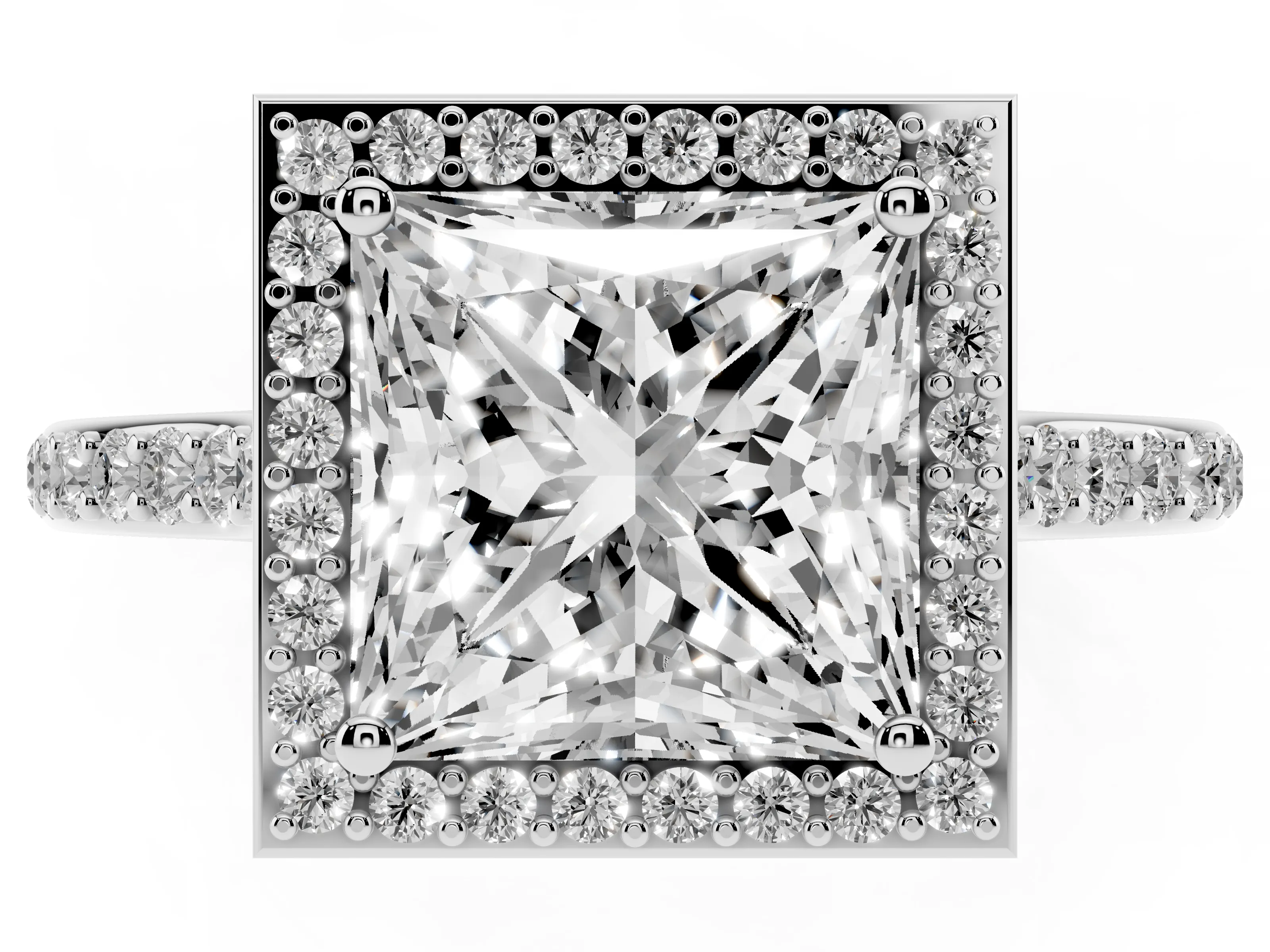 Princess Cut Diamond Halo Engagement Ring Set in White gold with Round Pavé Shoulders and Heart Gallery