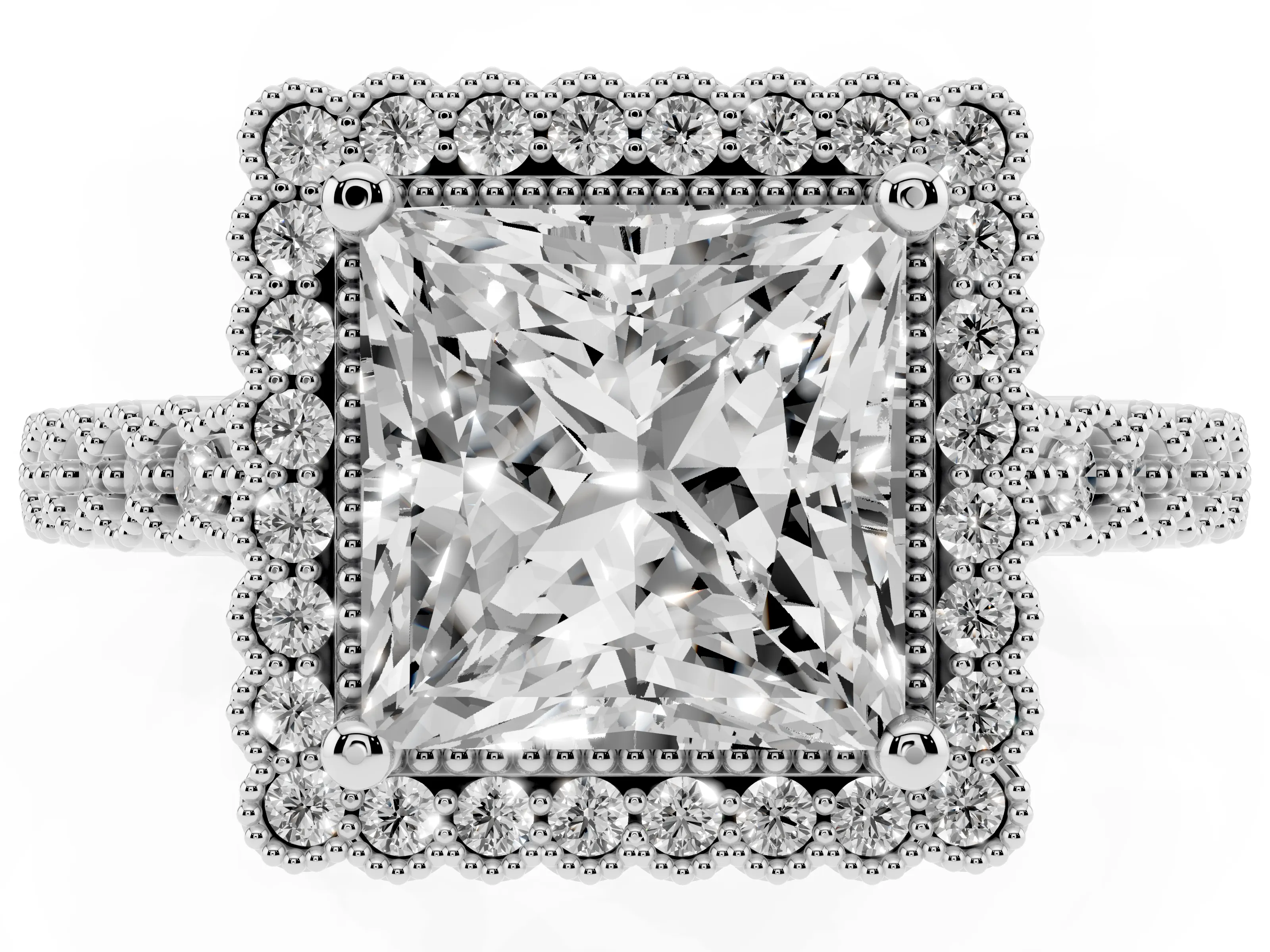 Princess Cut Diamond Halo Ring Set in Platinum with Pavé Milgrain Band
