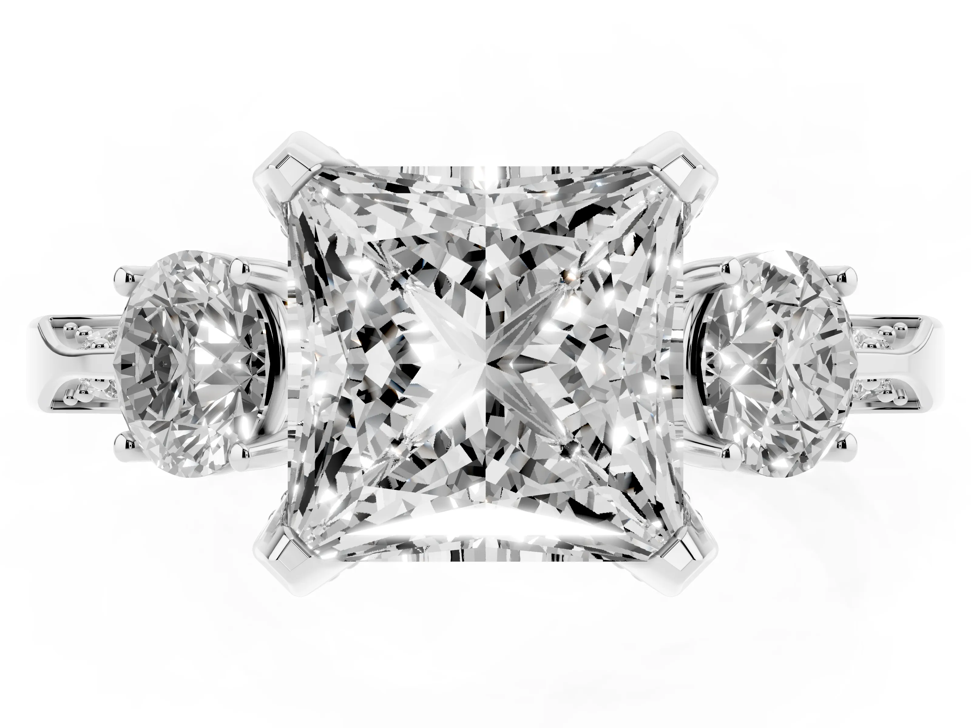 Princess Cut Diamond Three-Stone Ring Set in Silver with Pavé Band and Smaller Side Stones