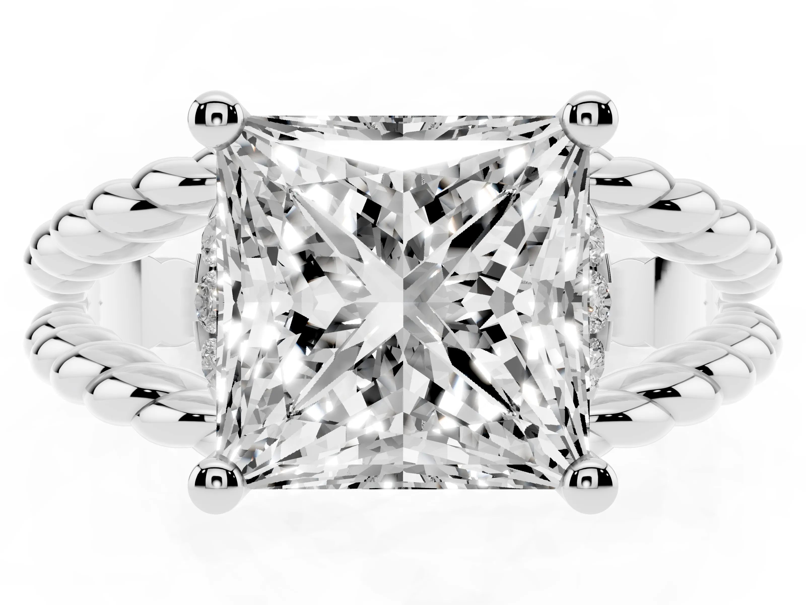 Princess Cut Diamond Halo Ring Set in White gold with Twisted Band and Prong Setting