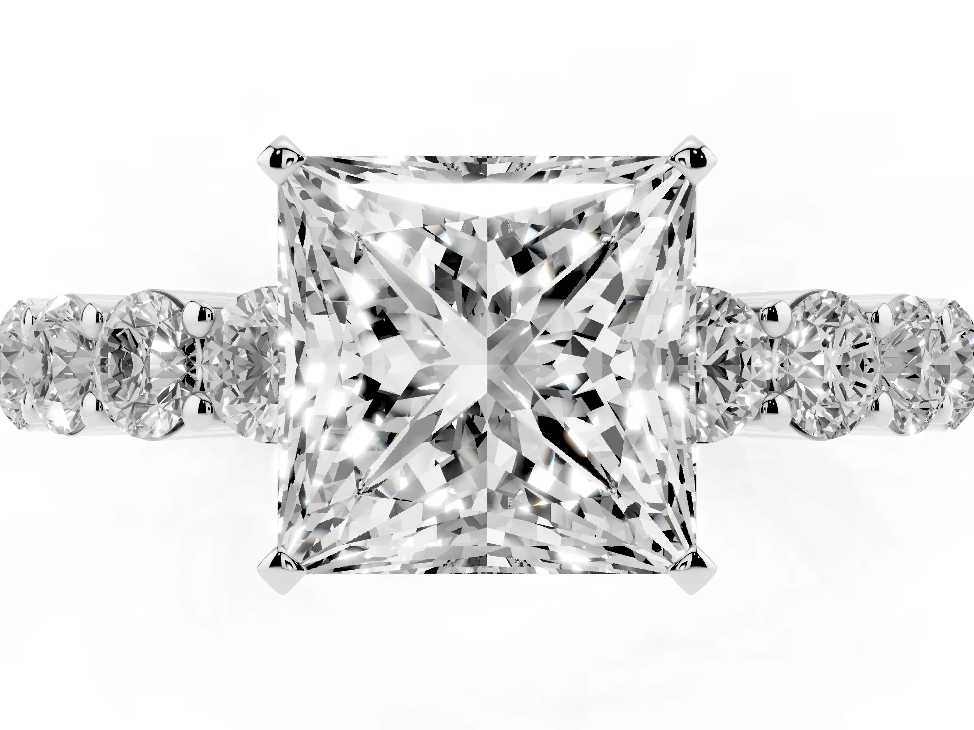 Princess Cut Diamond Solitaire Ring Set in Silver with Shared Prong Round Side Stones