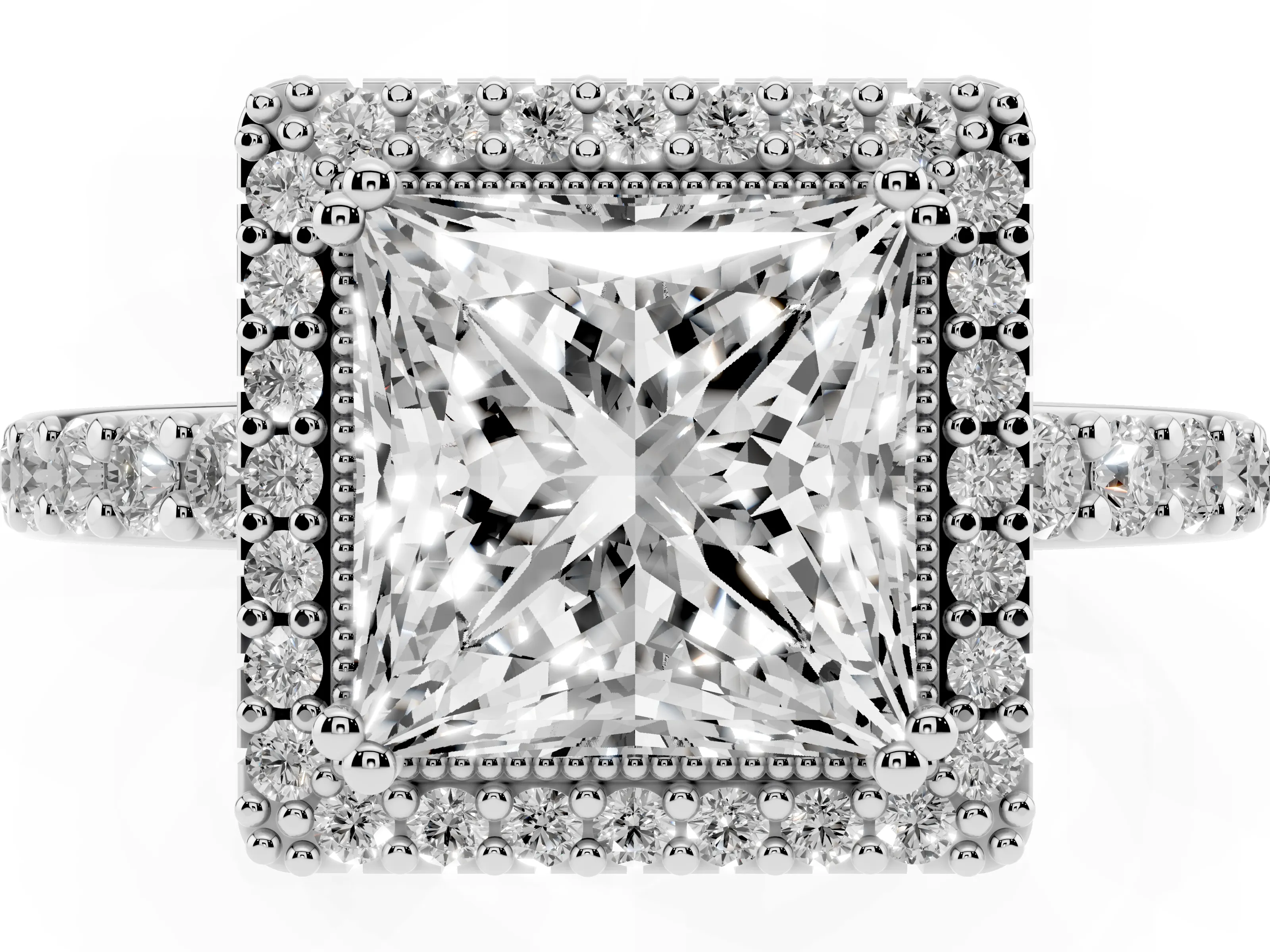 Princess Cut Diamond Halo Engagement Ring Set in White gold with Milgrain Detail and Pavé Band